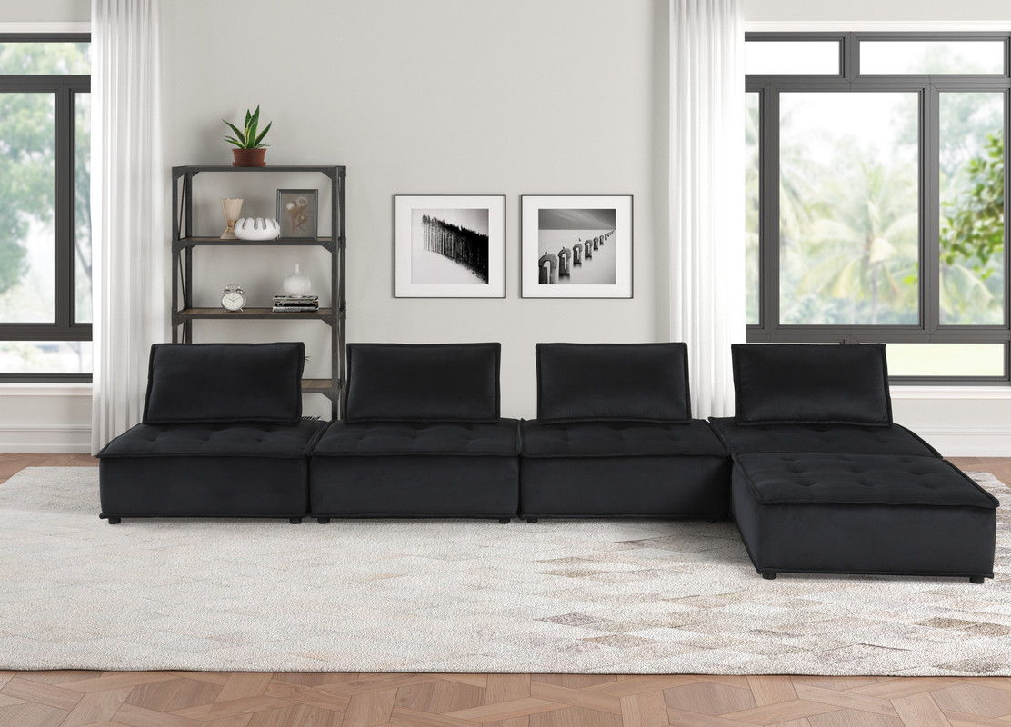 Anna 120"W Black Velvet 5 Pc Sectional Sofa