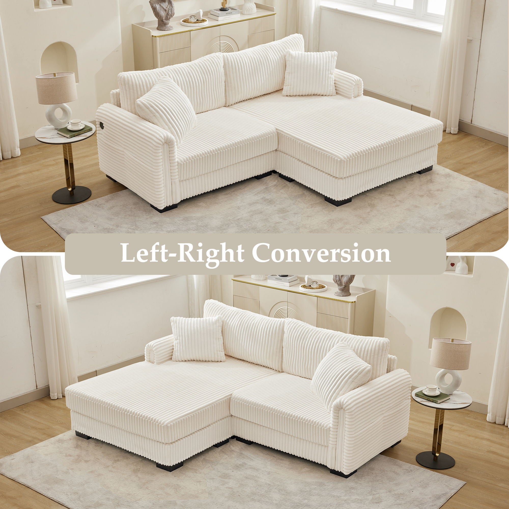 2 Seater L Shaped Chaise Sofa With Reversible Cushion, USB - C Charging Port, Storage Pocket, Convertible Left / Right Design