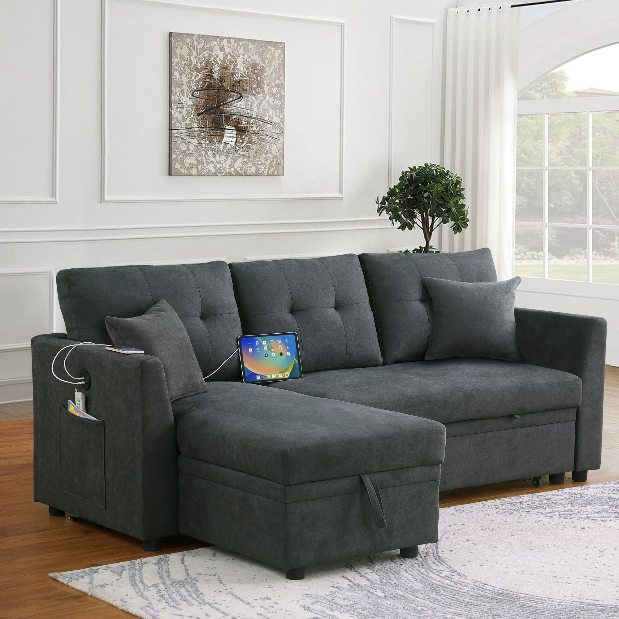 Sectional Sofa Bed L Shaped Sofa Couch Bed With USB Port, Reversible Chaise With Storage