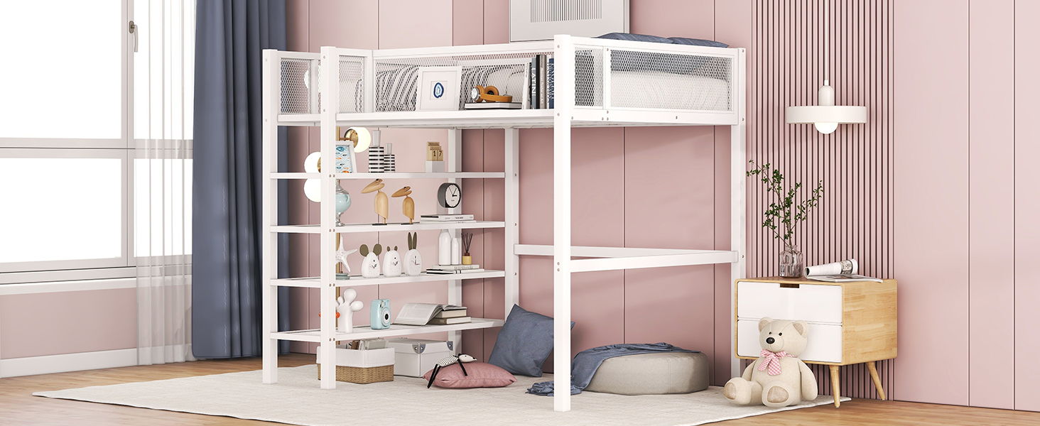Loft Bed With 4 Tier Shelves And Storage