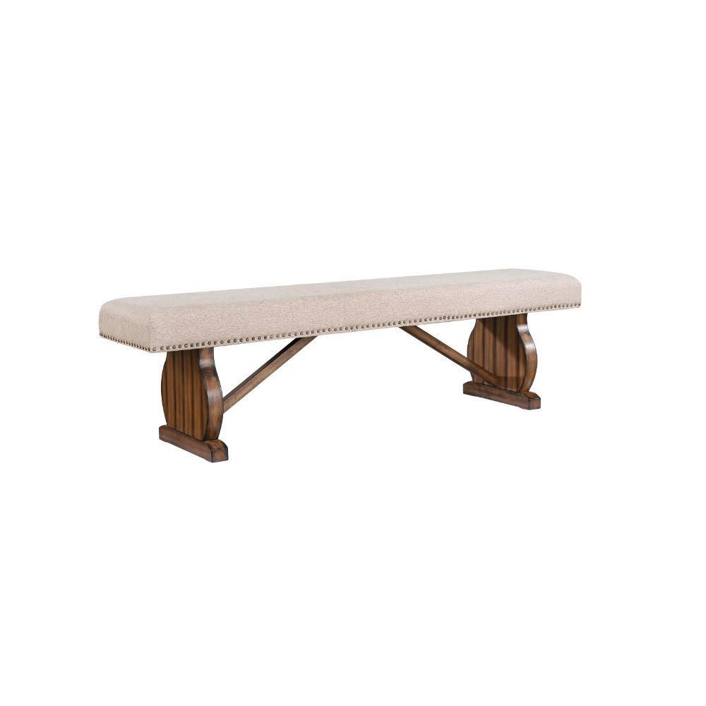 ACME Maurice - Bench - Khaki Linen & Antique Oak | Meri Furniture