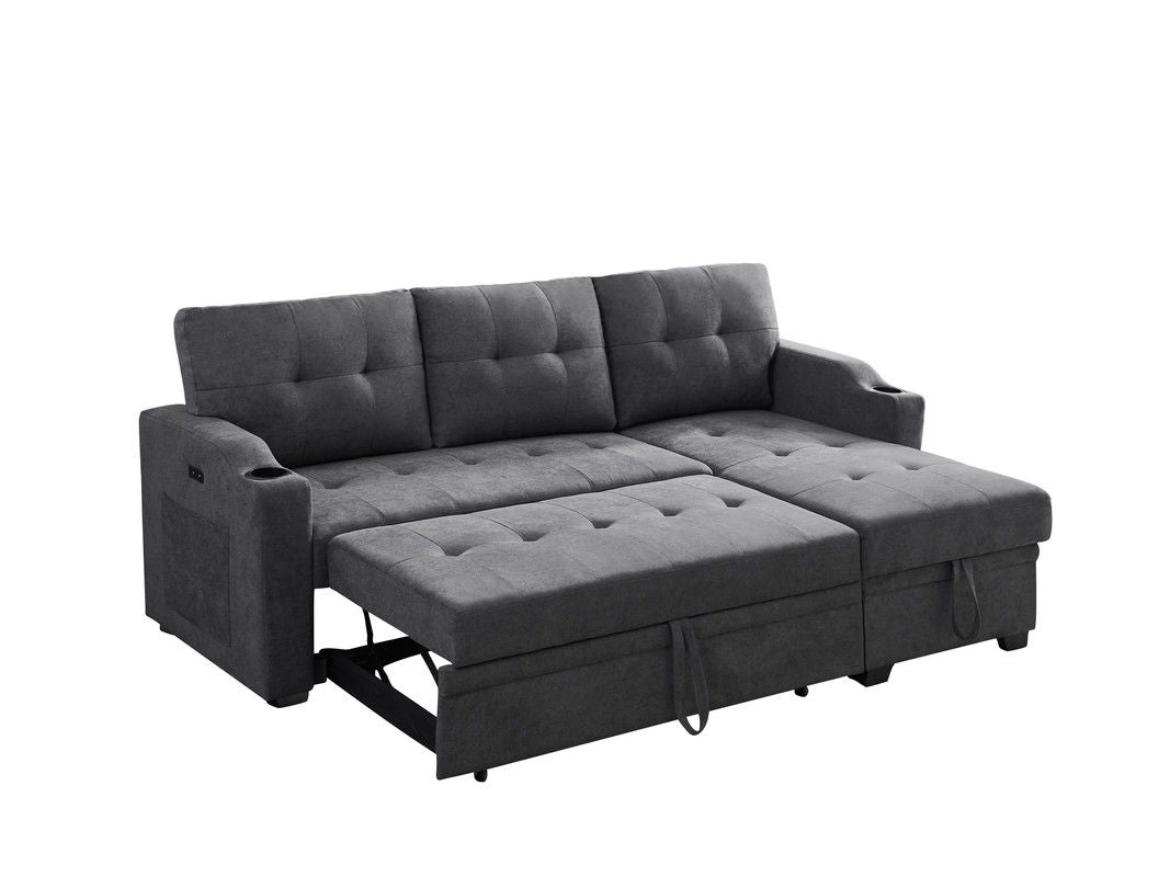 Mabel 83"W Dark Gray Woven Fabric Sleeper Sectional with cupholder, USB charging port and pocket