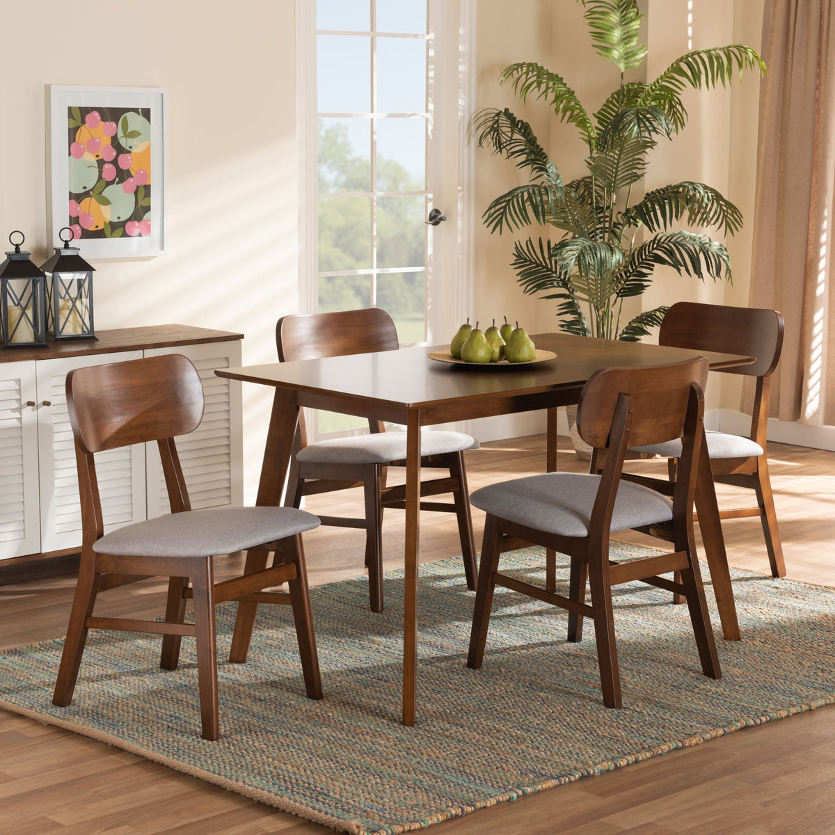 Euclid Mid-Century Modern Grey Fabric Upholstered and Walnut Brown Finished Wood 5-Piece Dining Set