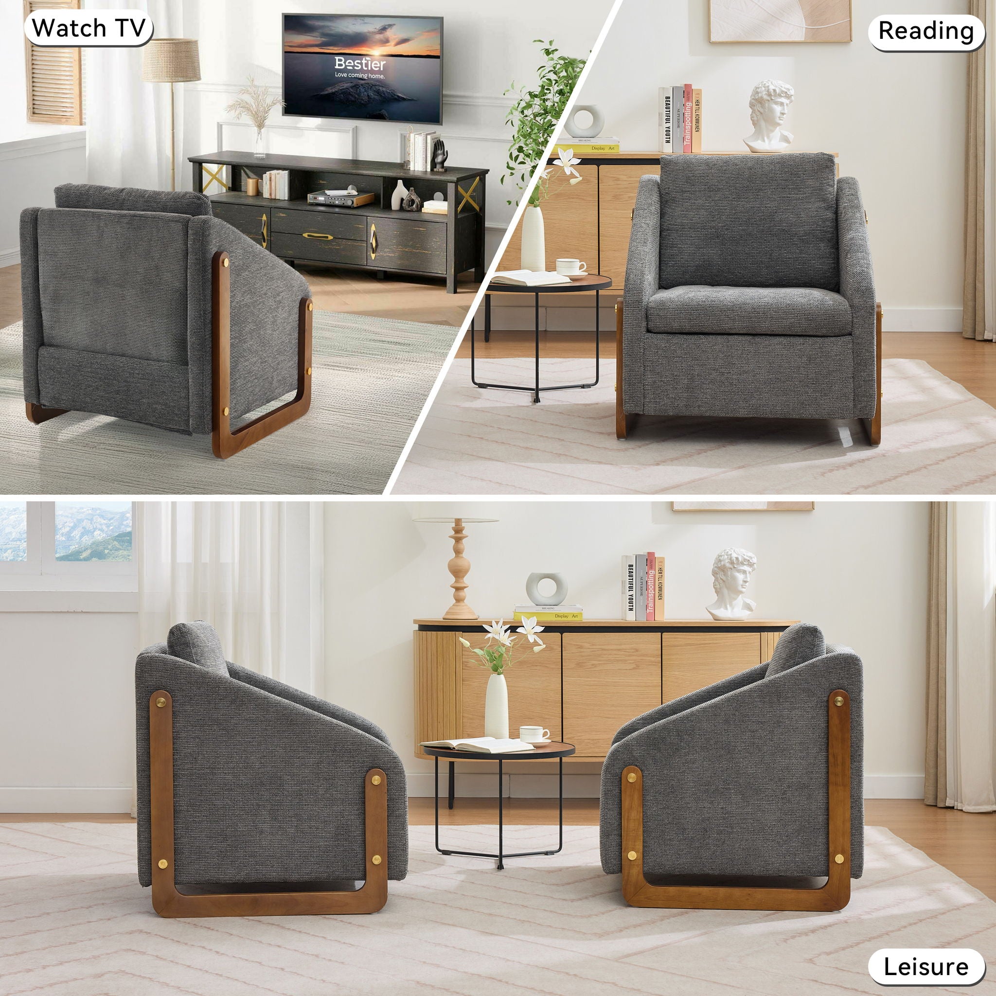 Modern Chenille Upholstered Armchair With Wooden Side Frame