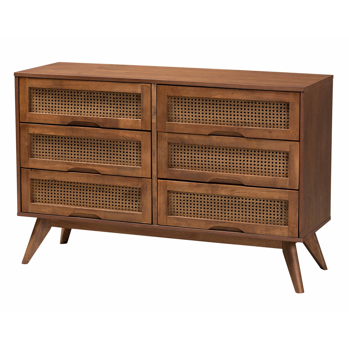 Melora Mid-Century Modern Walnut Brown Finished Wood and Rattan King Size 4-Piece Bedroom Set