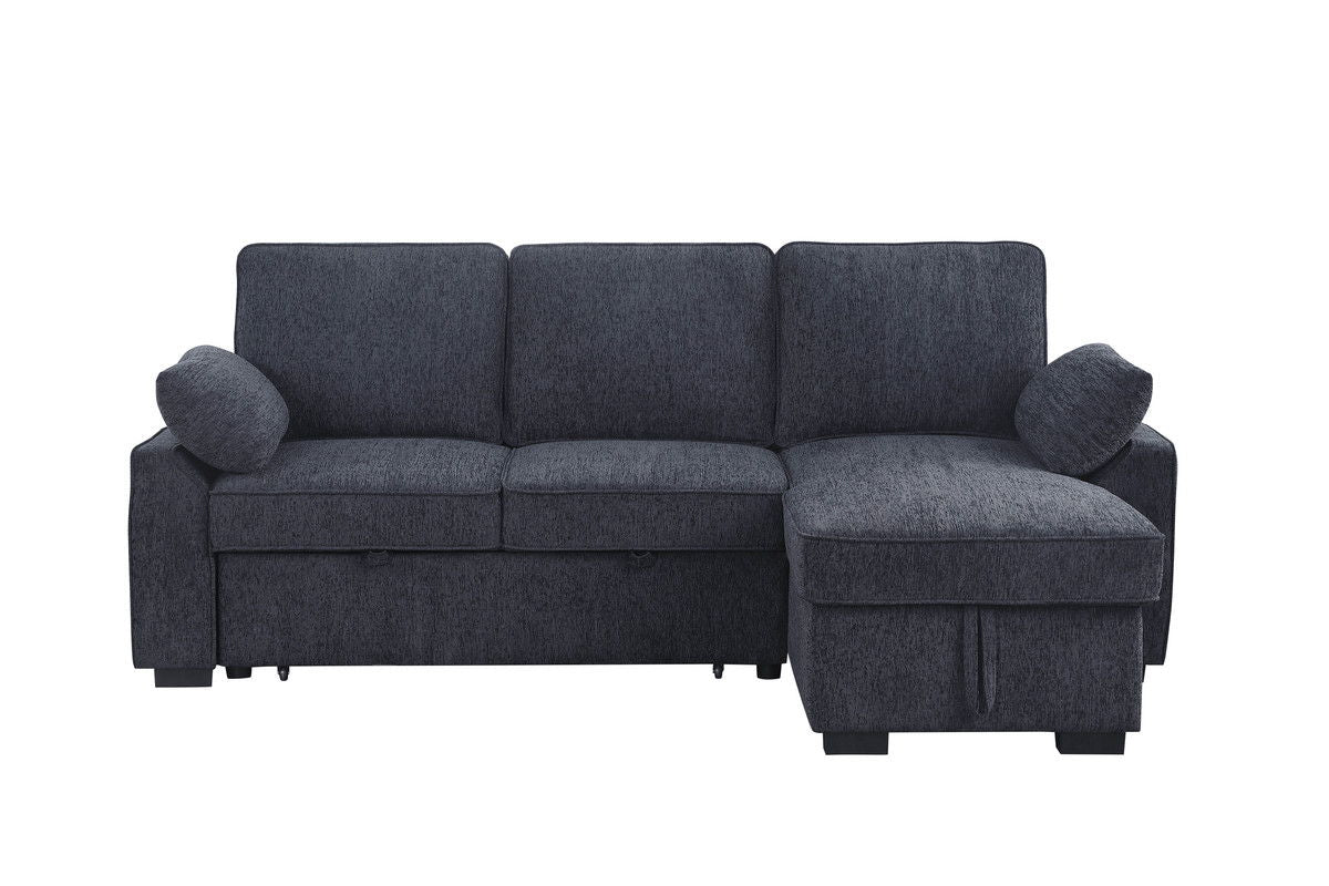 Mackenzie 91"W Charcoal Chenille Fabric Reversible Sleeper Sectional with Storage Chaise, Drop-Down Table, Cup Holders and Charging Ports