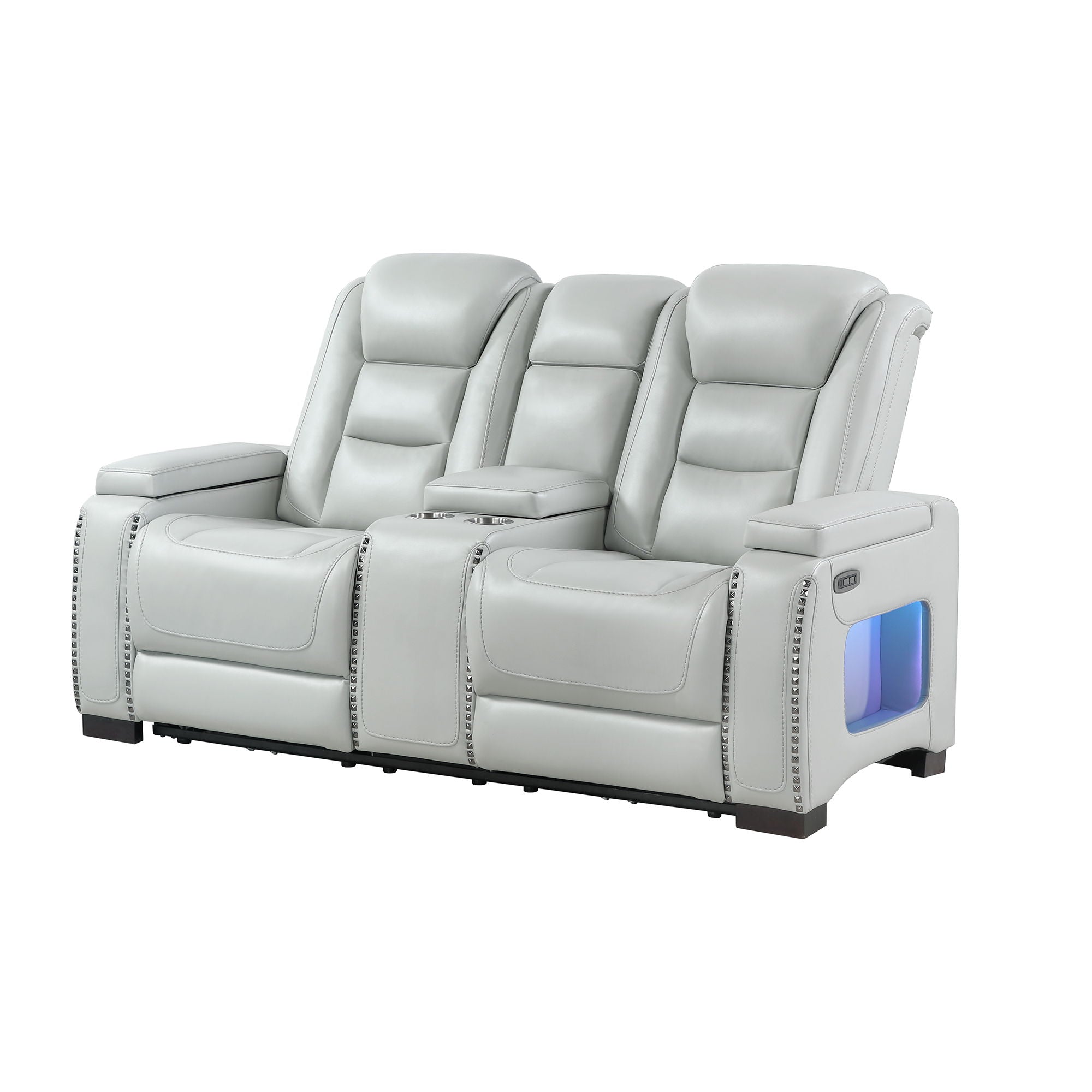 Power Console Loveseat With Power Headrest USB LED And Bookshelf Arms - Gray