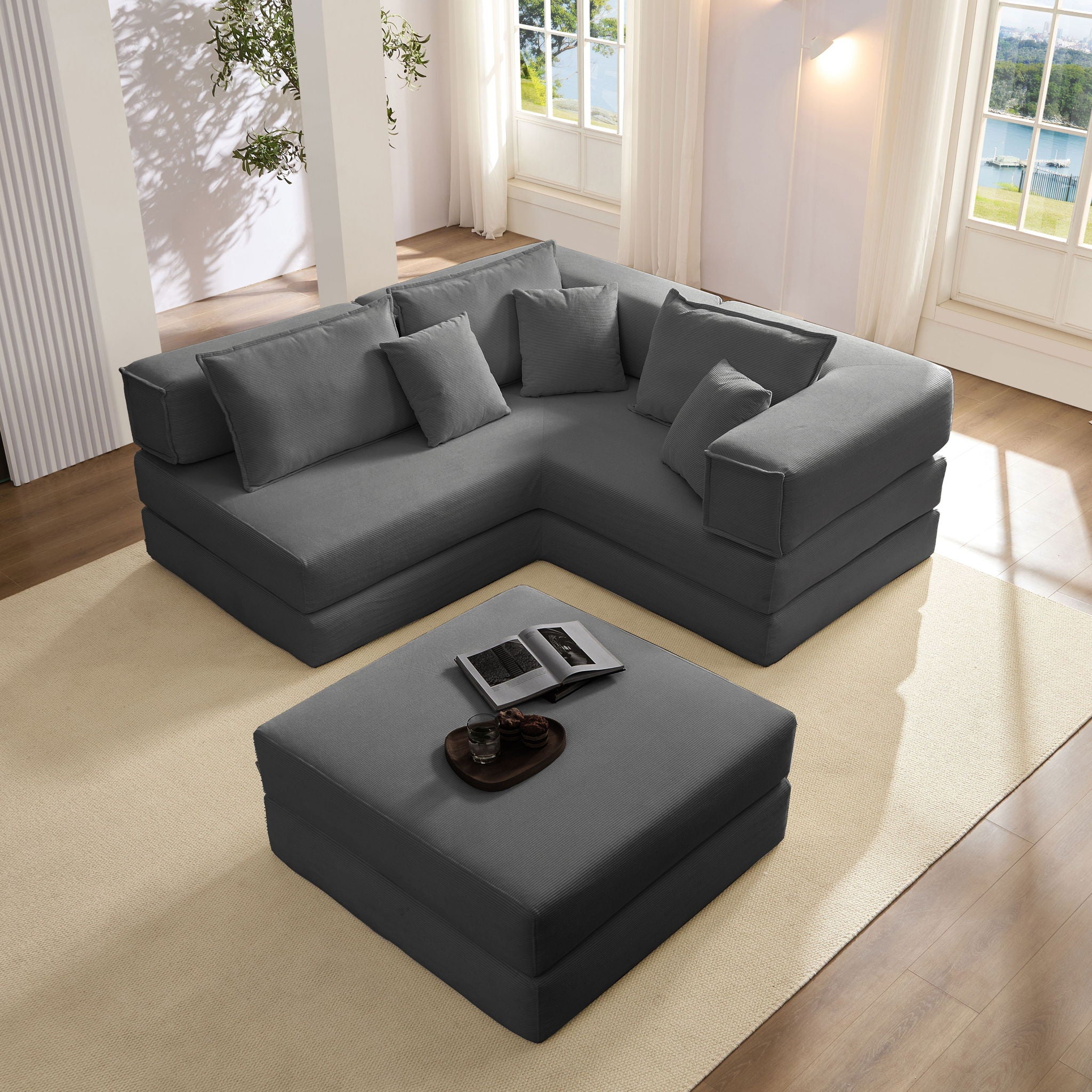 Modular L Shaped Floor Living Room Sofa Set With 6 Pillows
