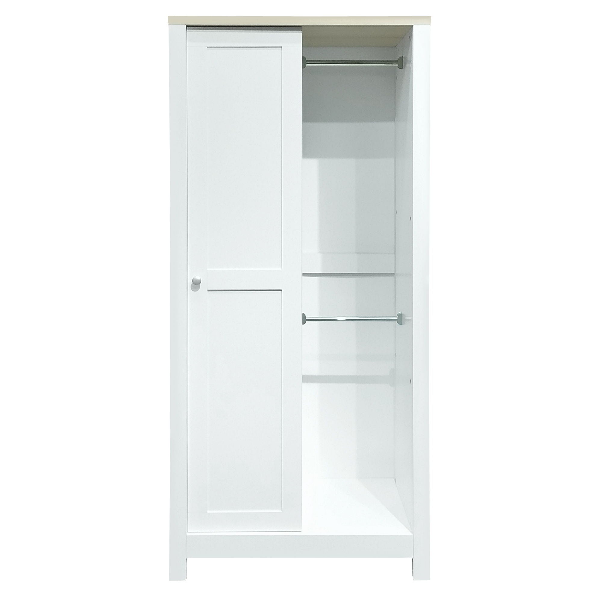 Modern Bedroom Storage Wardrobe With Hanging Rods, 2 Drawers, Open Shelves, Sliding Door - White