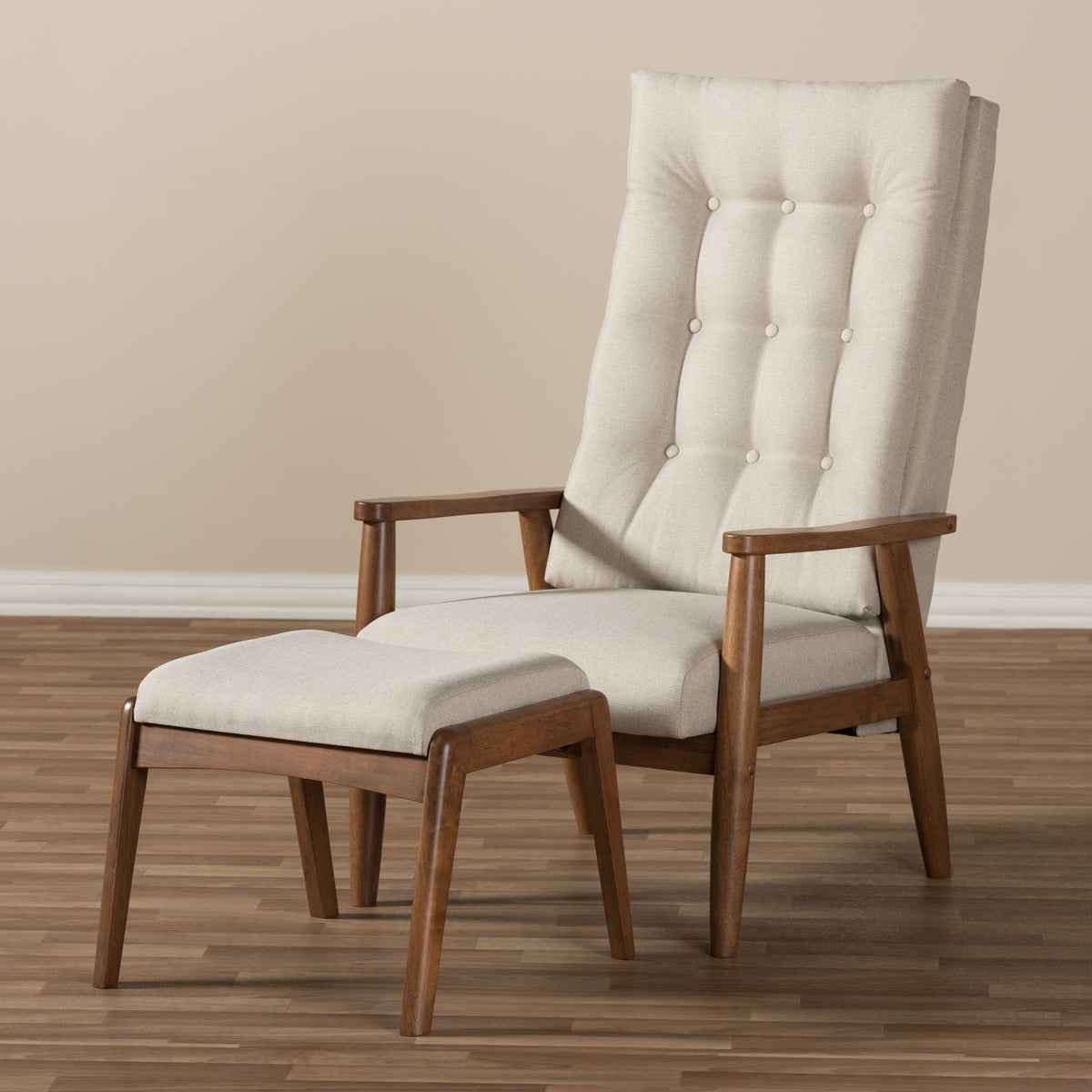 Roxy Mid-Century Modern Walnut Wood Finishing and Light Beige Fabric Upholstered Button-Tufted High-Back Lounge Chair and Ottoman Set