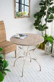 Round Wooden Table With Metal Scrollwork Legs - White Washed