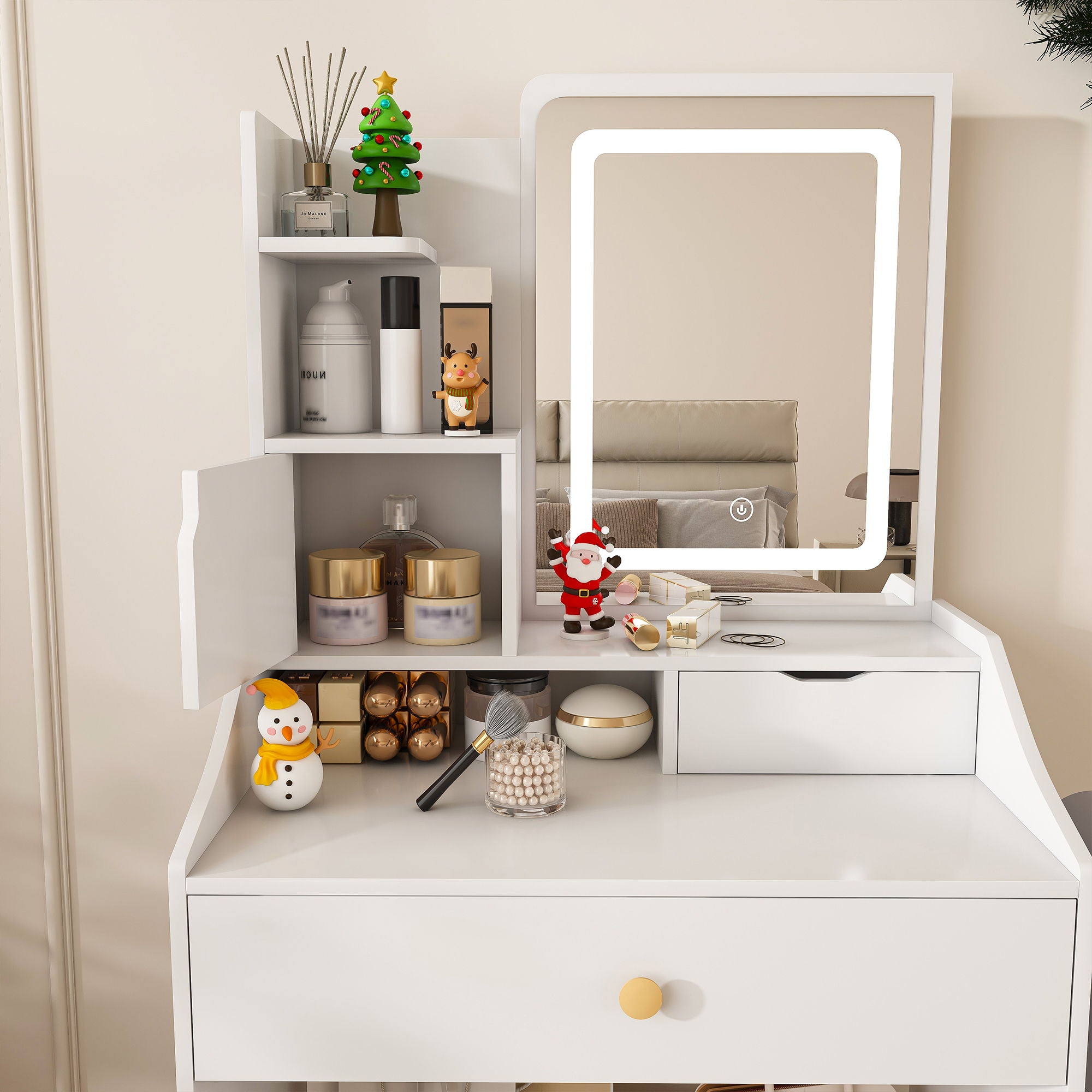 3 Color LED Vanity Mirror With Stool, Dressing Table For Bedroom, 2 Drawers & 5 Storage Cabinets (4 Open + 1 Hidden), Adjustable Lighting - White
