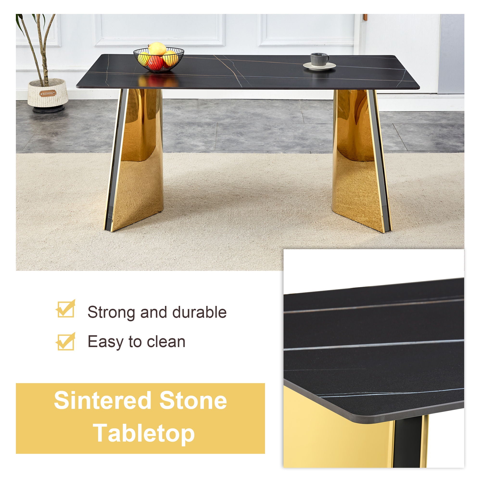 Marble Patterned Slab Dining Table With Steel Butterfly Legs