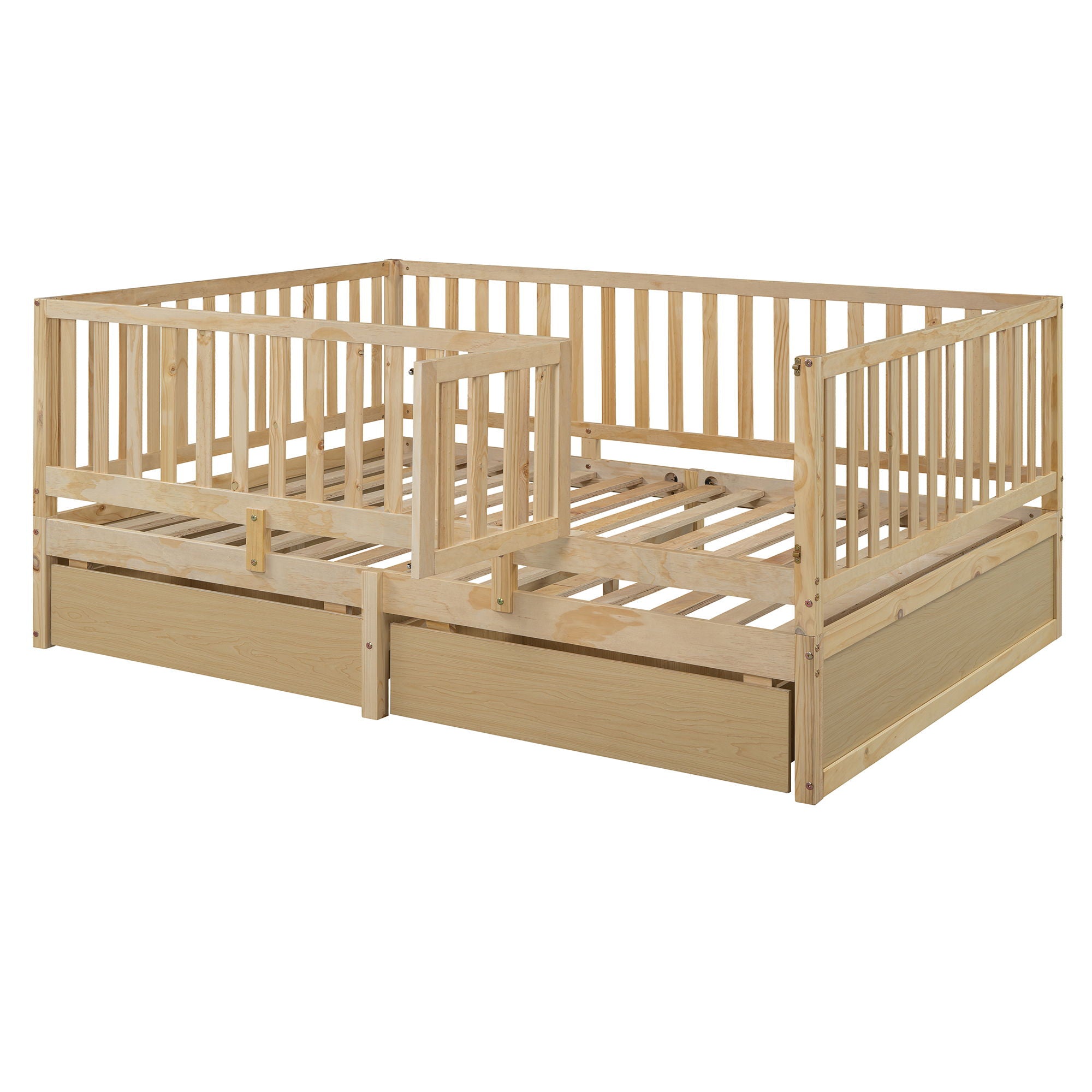 Daybed With Fence Guardrails And 2 Drawers, Split Into Independent Floor Bed & Daybed
