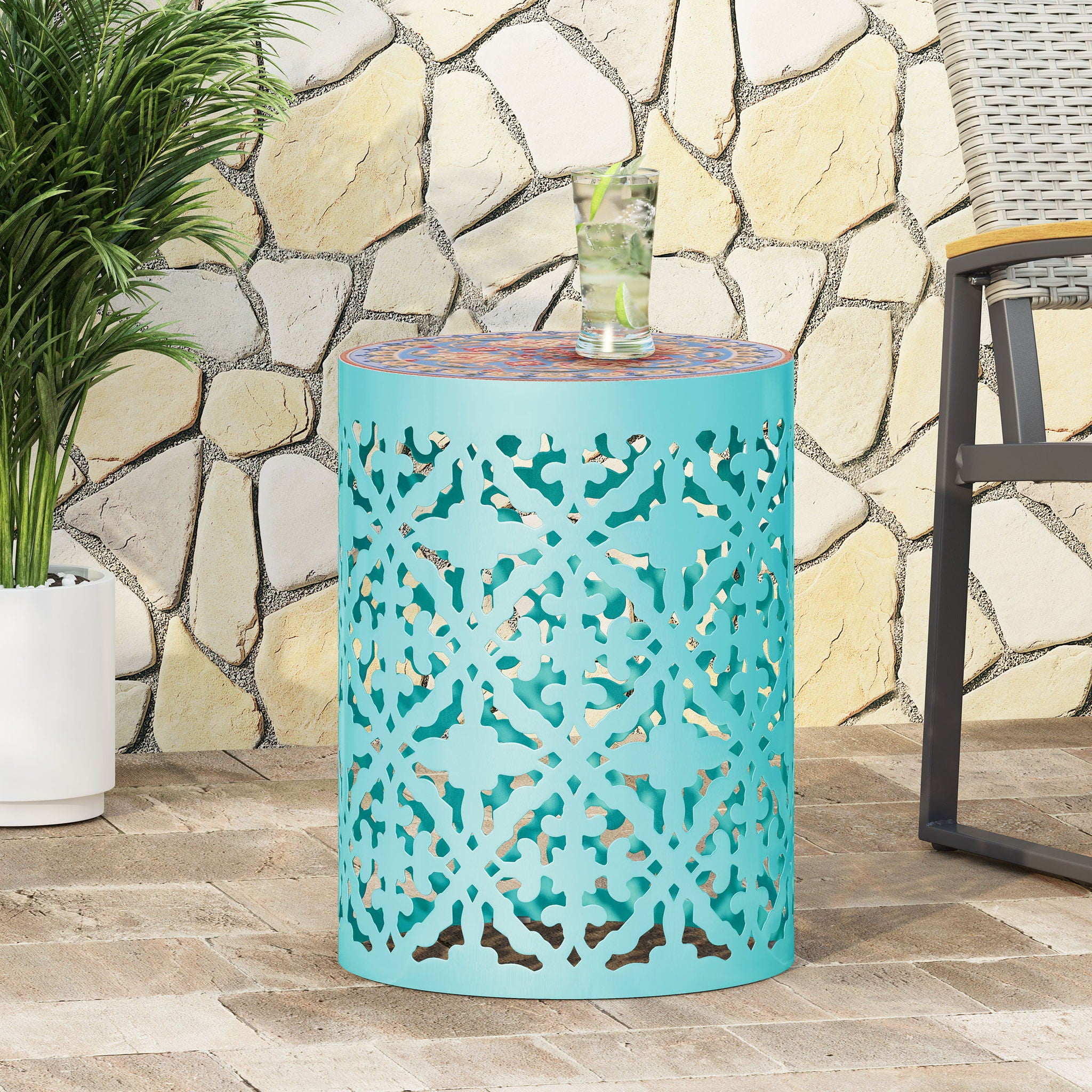 Airy - Outdoor Side Table With Lace Cut Design And Metal Frame