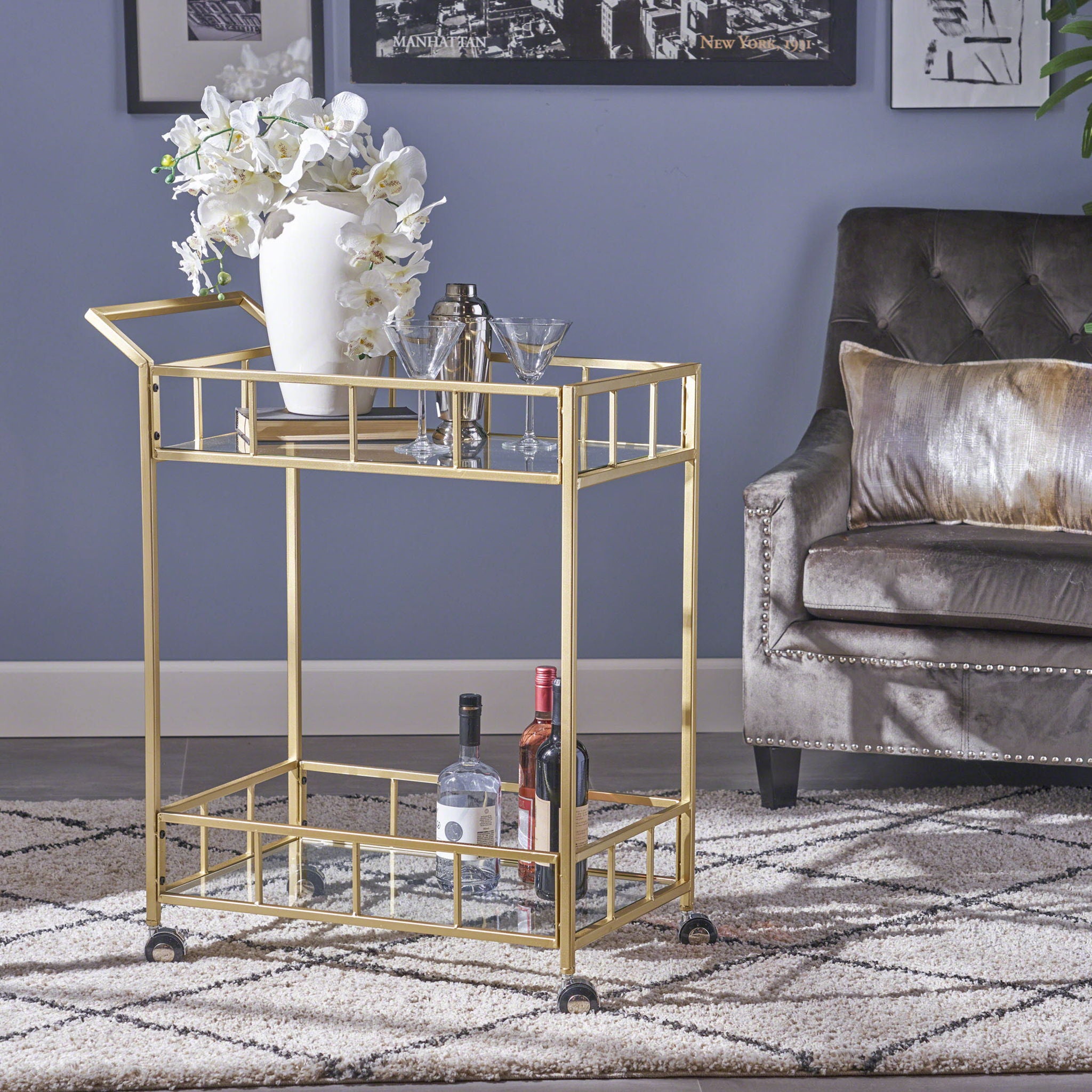 Modern Metal And Glass Bar Cart With Rolling Casters - Gold