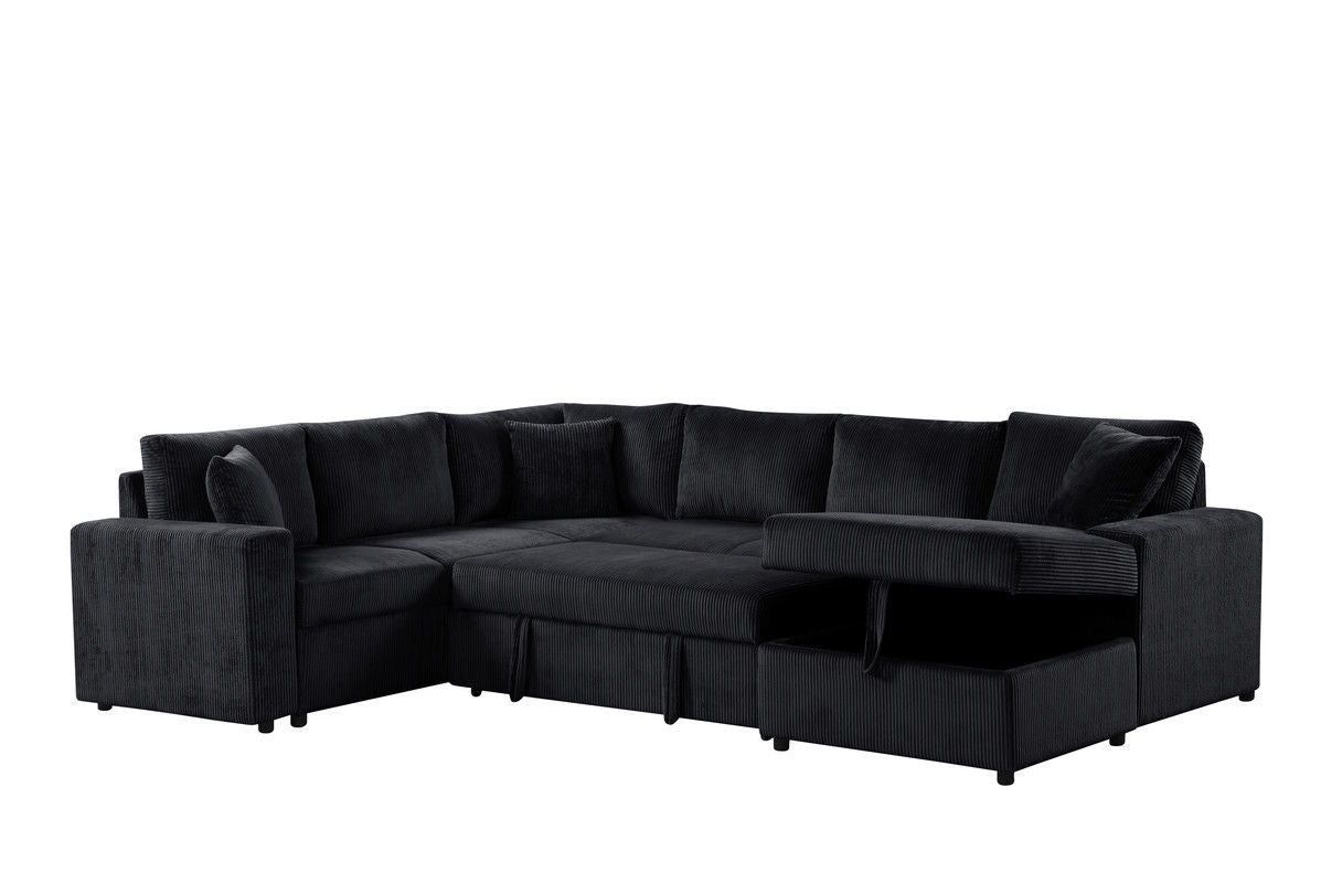 Ruxley 123"W Black Corduroy Sleeper Sectional Sofa with Right-Facing Storage Chaise and Throw Pillows