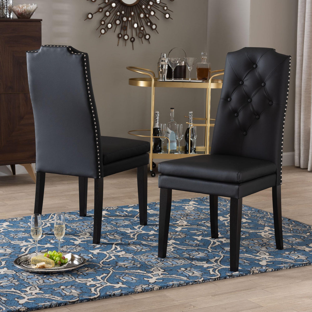 Dylin Modern and Contemporary Black Faux Leather Button-Tufted Nail heads Trim Dining Chair (Set of 2)