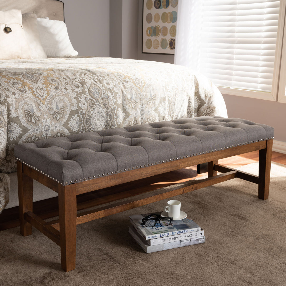 Ainsley Modern and Contemporary Grey Fabric Upholstered Walnut Finished Solid Rubberwood Bench