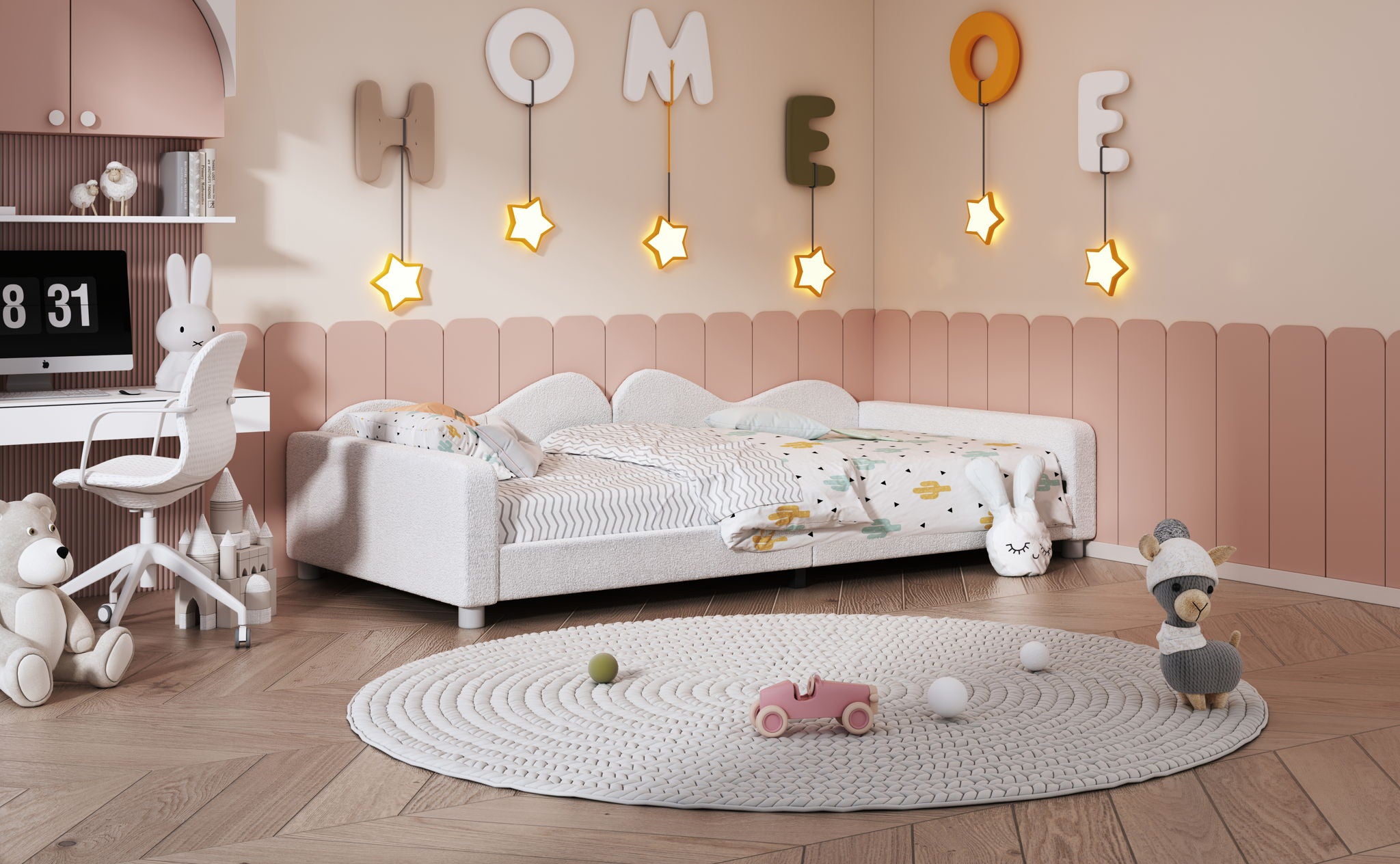 Upholstered Daybed, Sherpa Fabric Sofabed With Cloud-Shaped Backrest