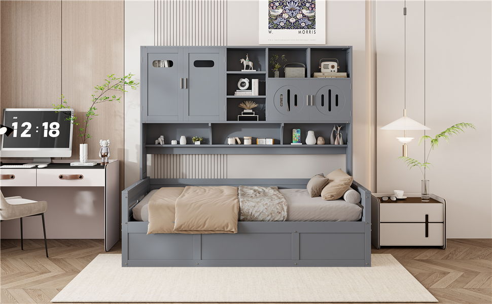 Daybed With All-In-One Cabinet And Shelf