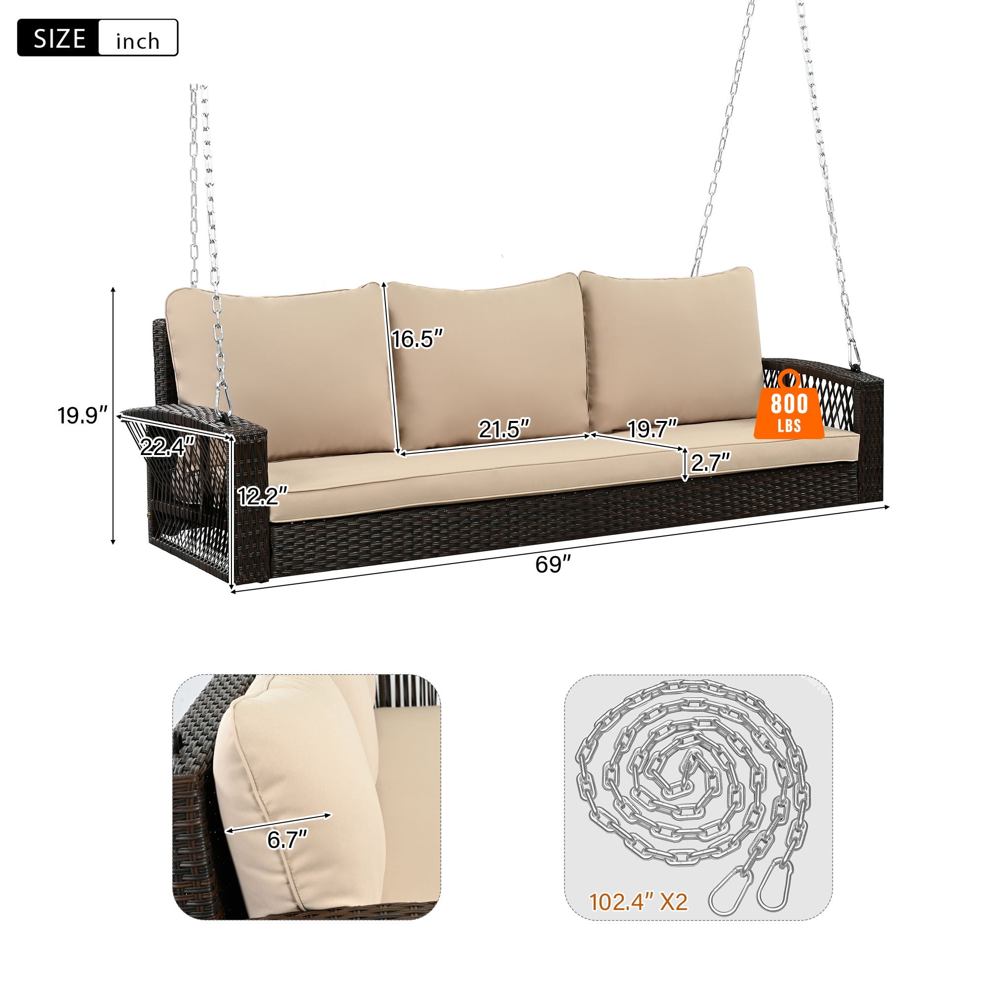 3 Person Large Patio Swing Bench With Cushions For Backyard