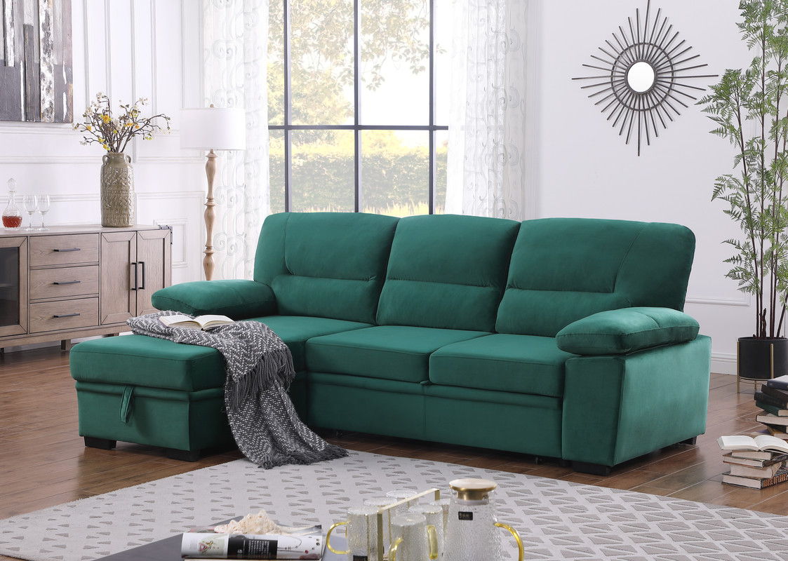 Kipling 97.5"W Green Velvet Fabric Reversible Sleeper Sectional Sofa Chaise