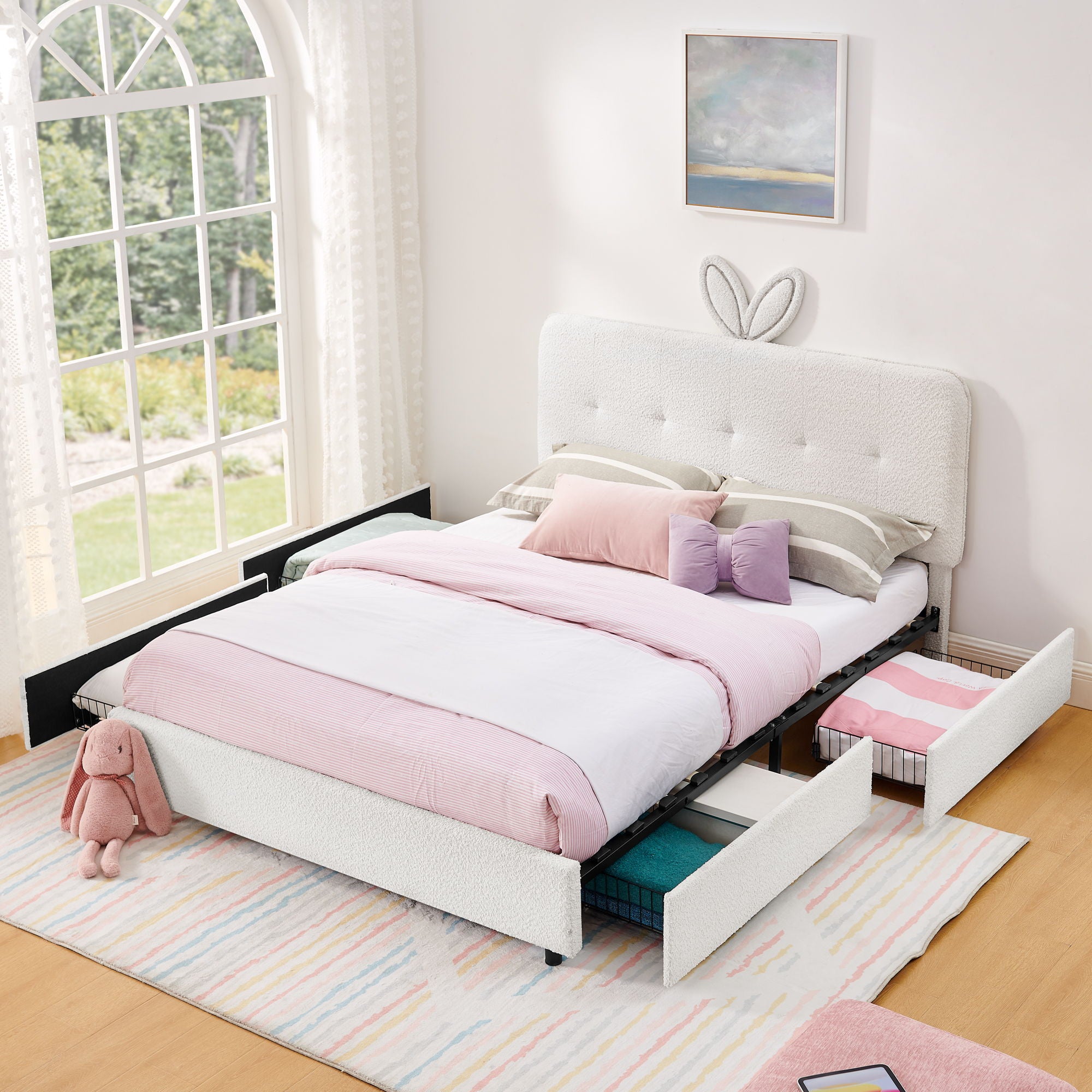 Upholstered Bed With Oversized Rabbit Ear Headboard, LED Lights & 4 Storage Drawers