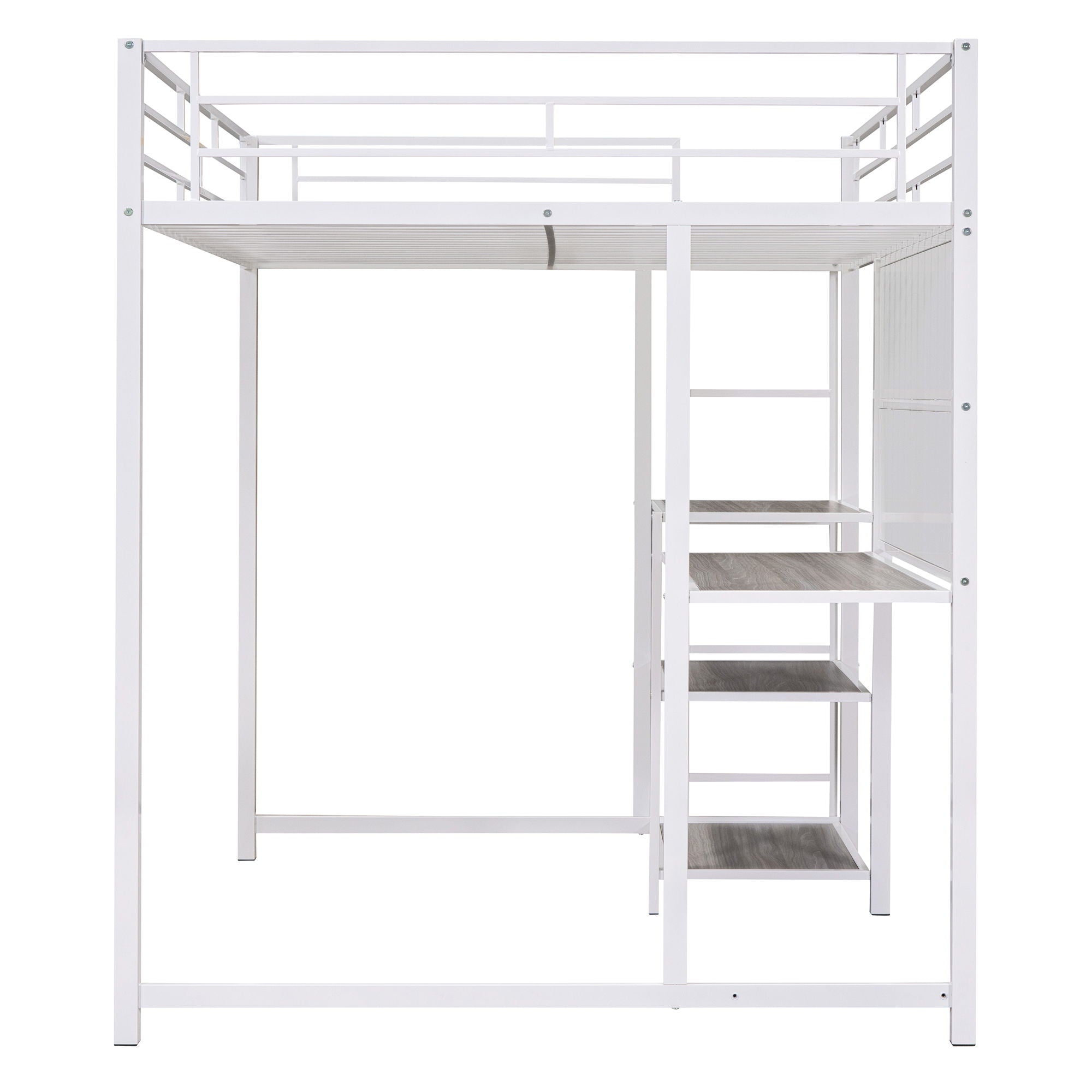 Metal Loft Bed With Desk, 3 Shelves And Ladder