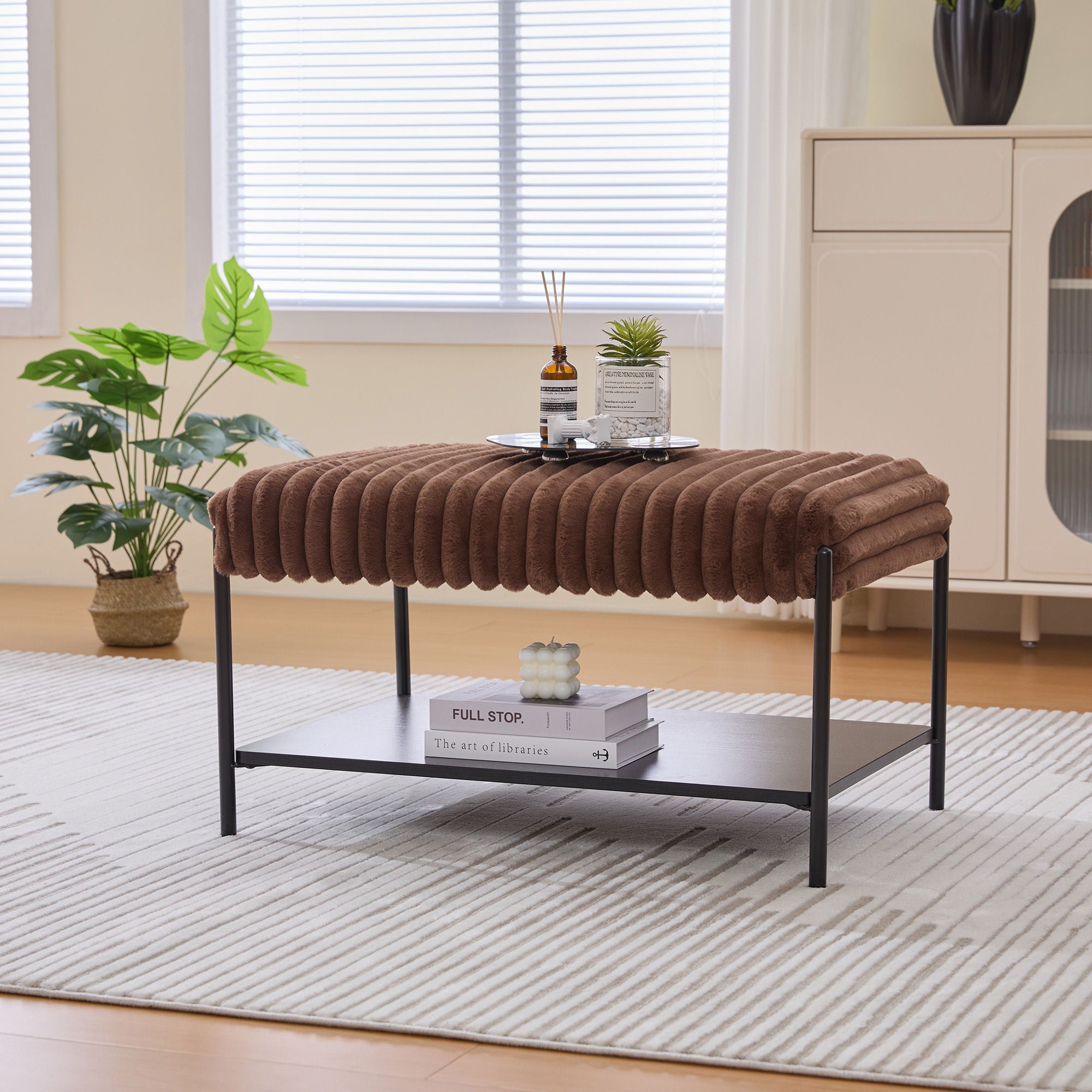 Upholstered Ottoman Coffee Table Foot Rest With Open Storage