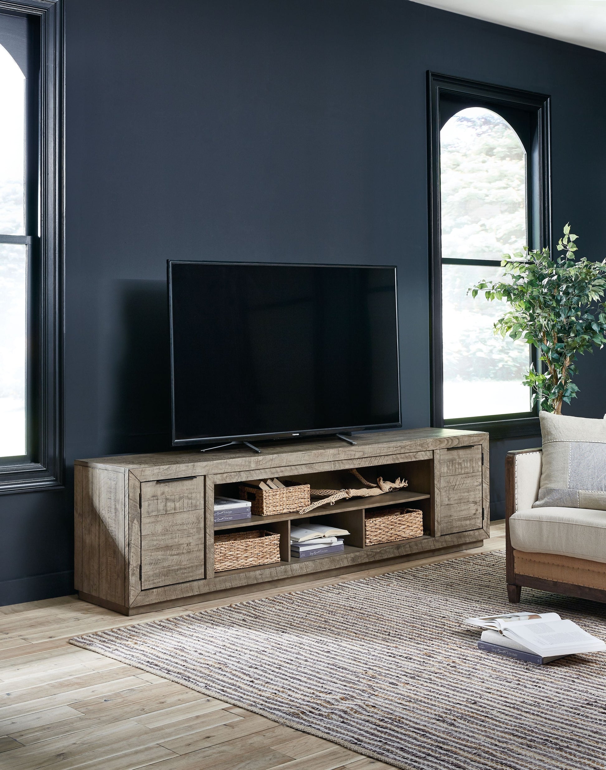 Signature Design by Ashley® Krystanza - Weathered Gray - XL TV Stand W/Fireplace Option | Meri Furniture