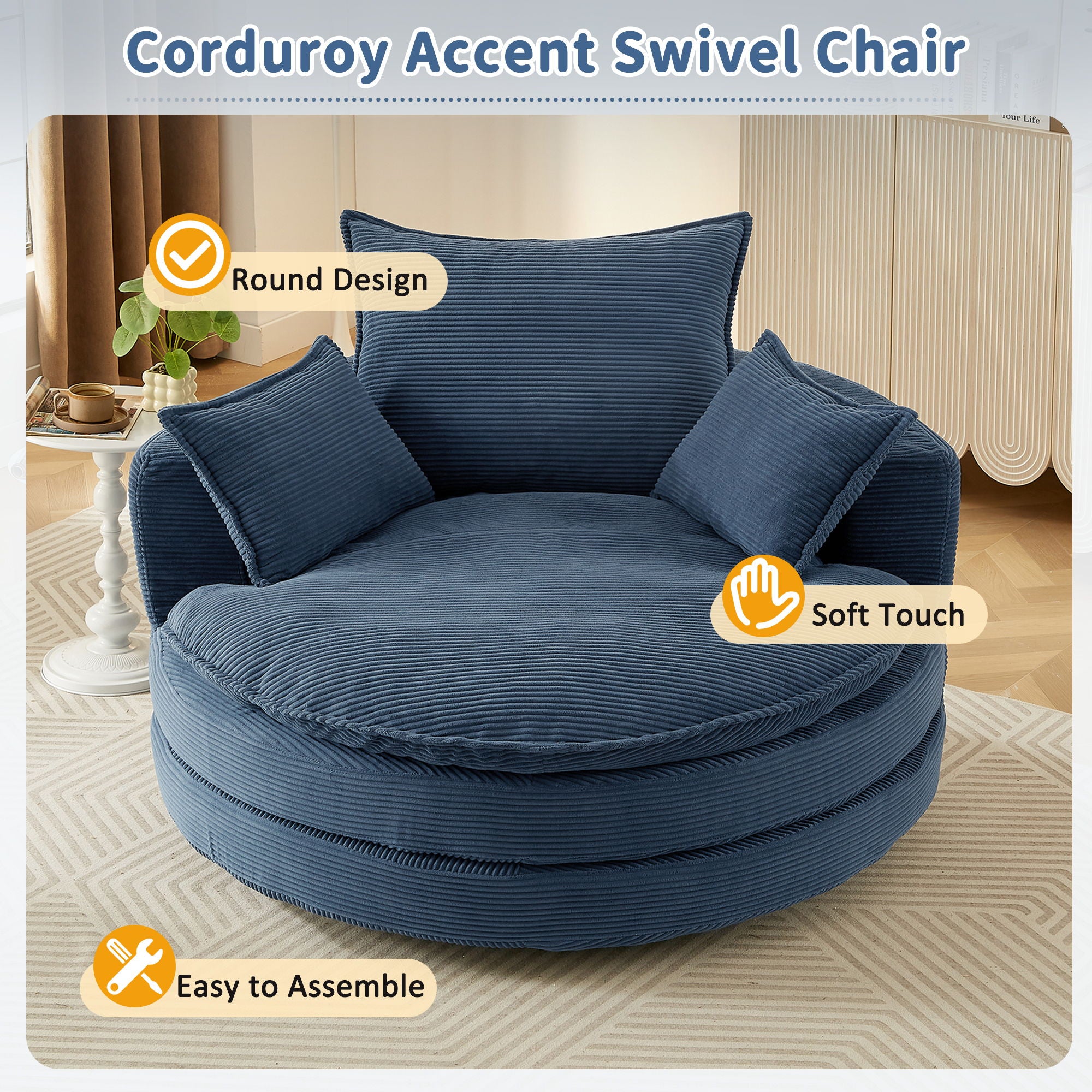 360° Swivel Accent Barrel Chair With Dual Layer Cushion And 3 Removable Pillows