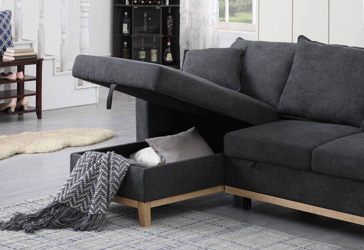 Colton 84.25"W Dark Gray Woven Reversible Sleeper Sectional Sofa with Storage Chaise
