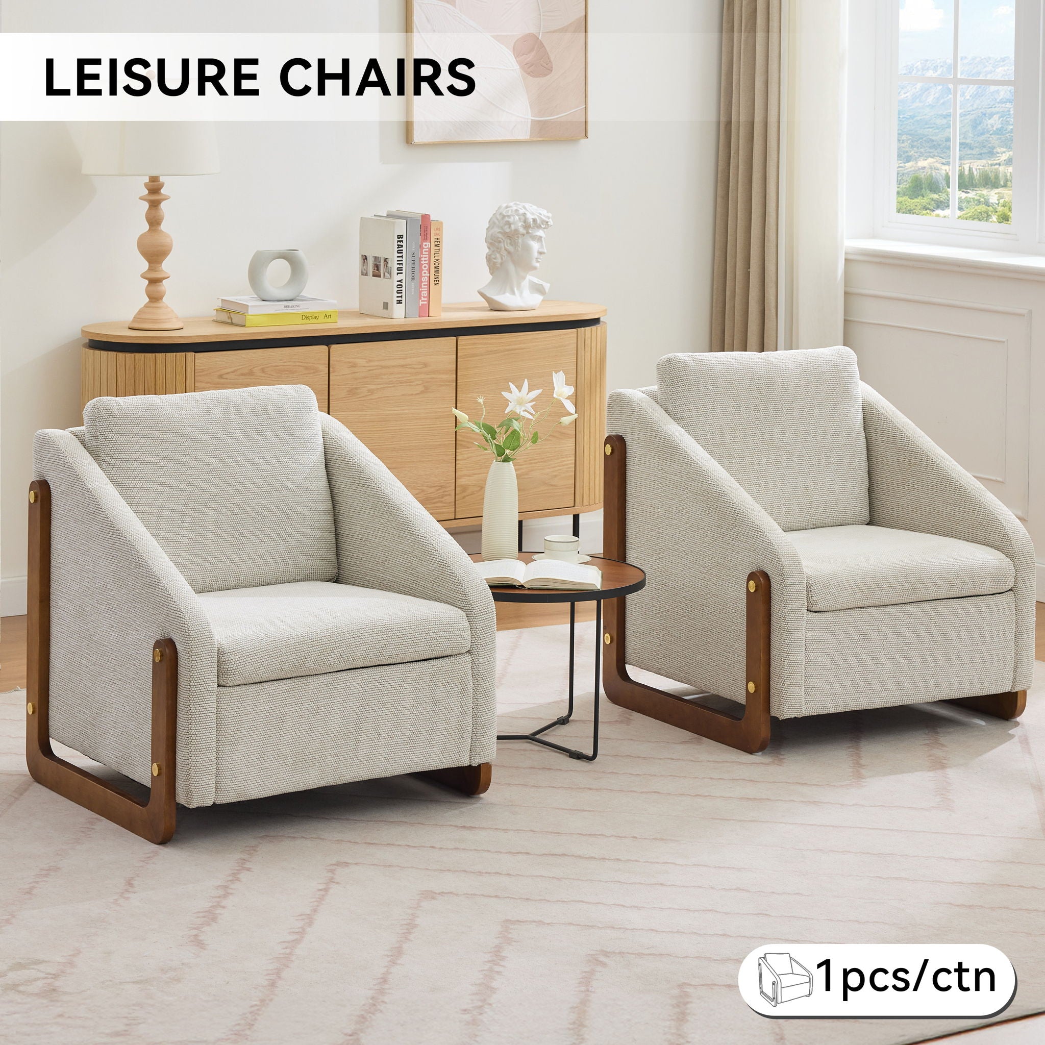 Modern Chenille Upholstered Armchair With Wooden Side Frame