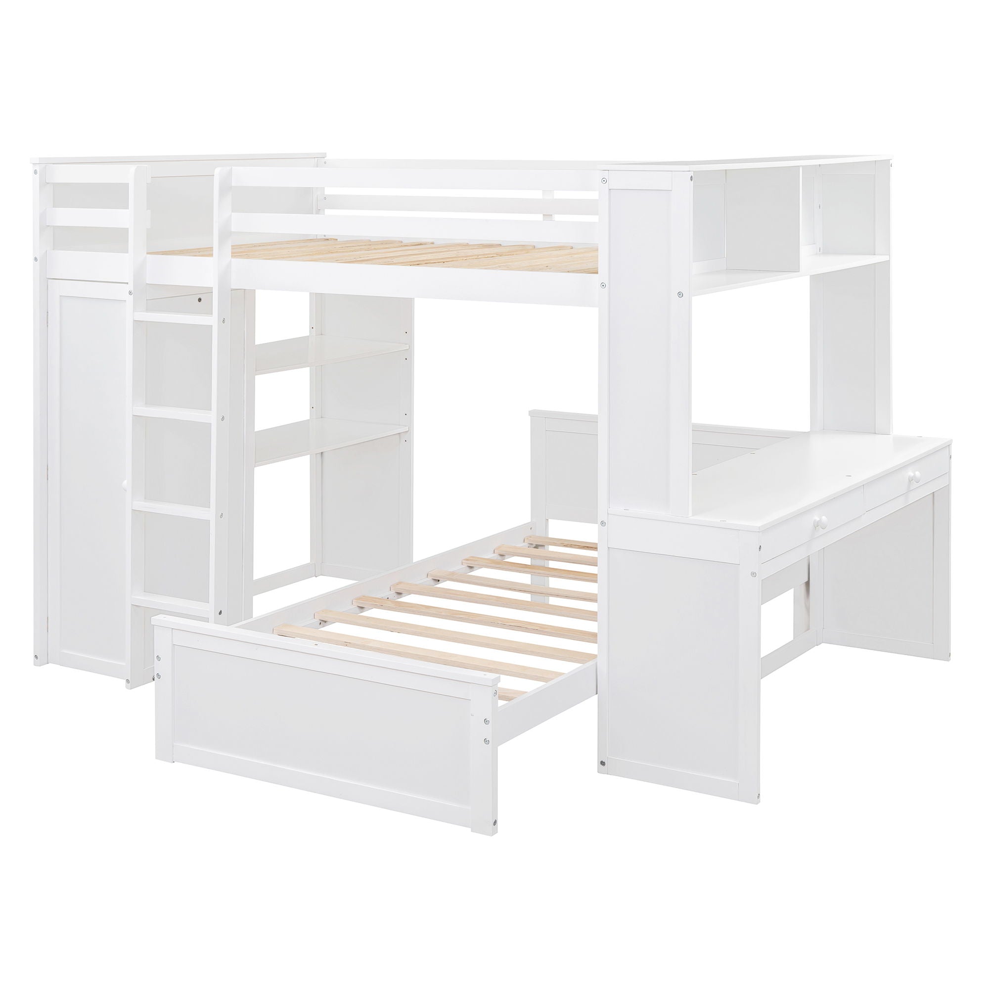 Loft Bed With A Twin Size Standalone Bed, Shelves, Desk, And Wardrobe