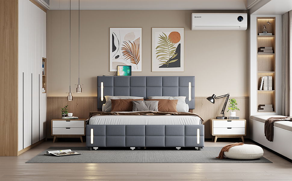 Upholstered Platform Bed With Trundle & Drawers