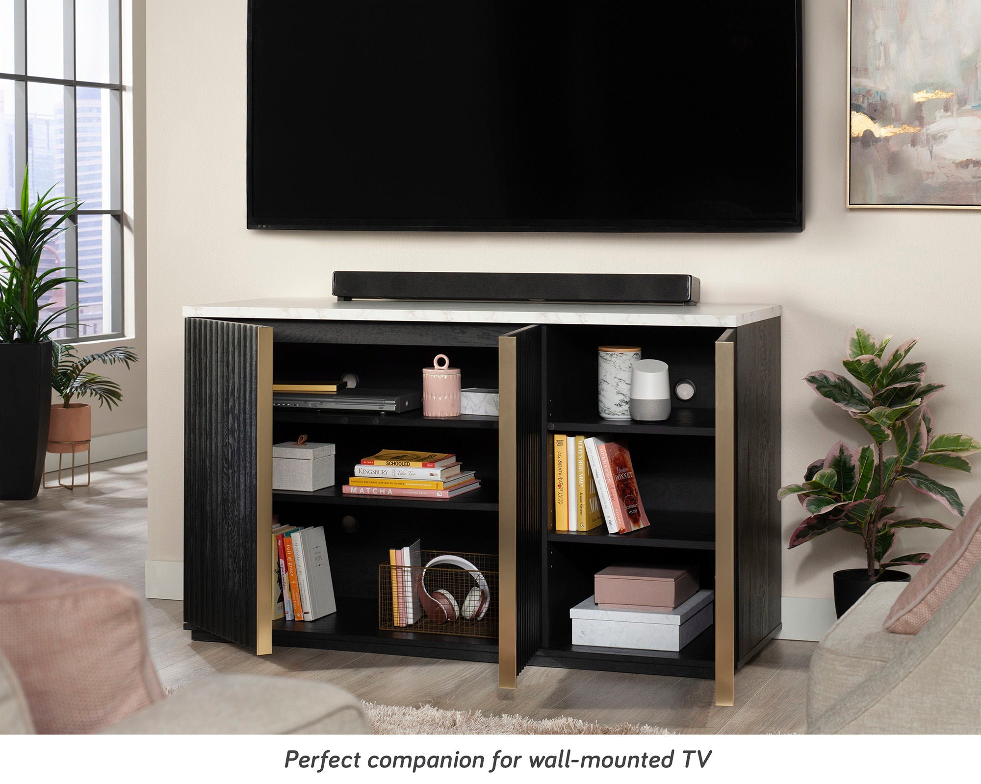 TV Credenza with Gold Accents in Raven Oak
