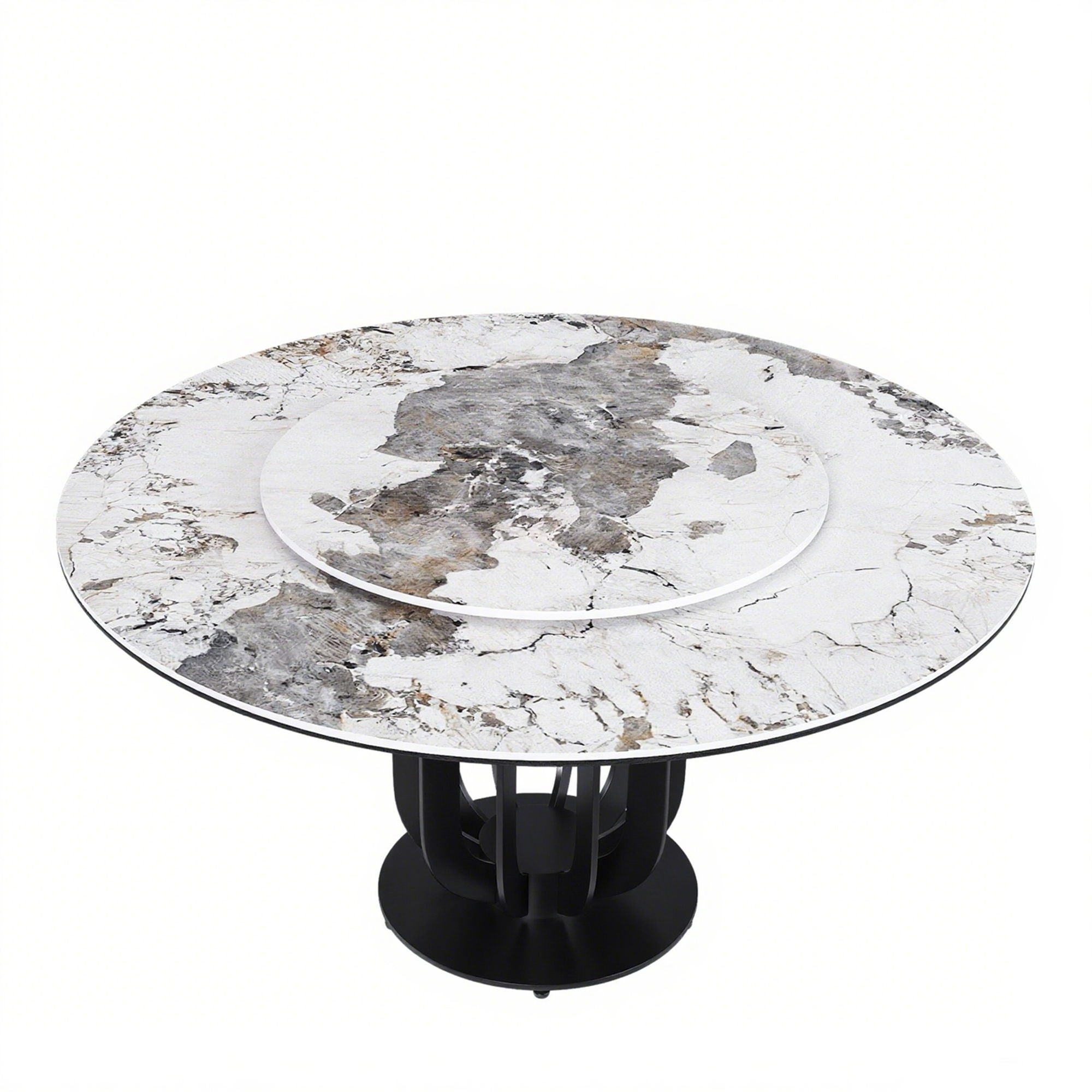 Round Dining Table With Carbon Steel Base And Lazy Susan Industrial Style - Black / White