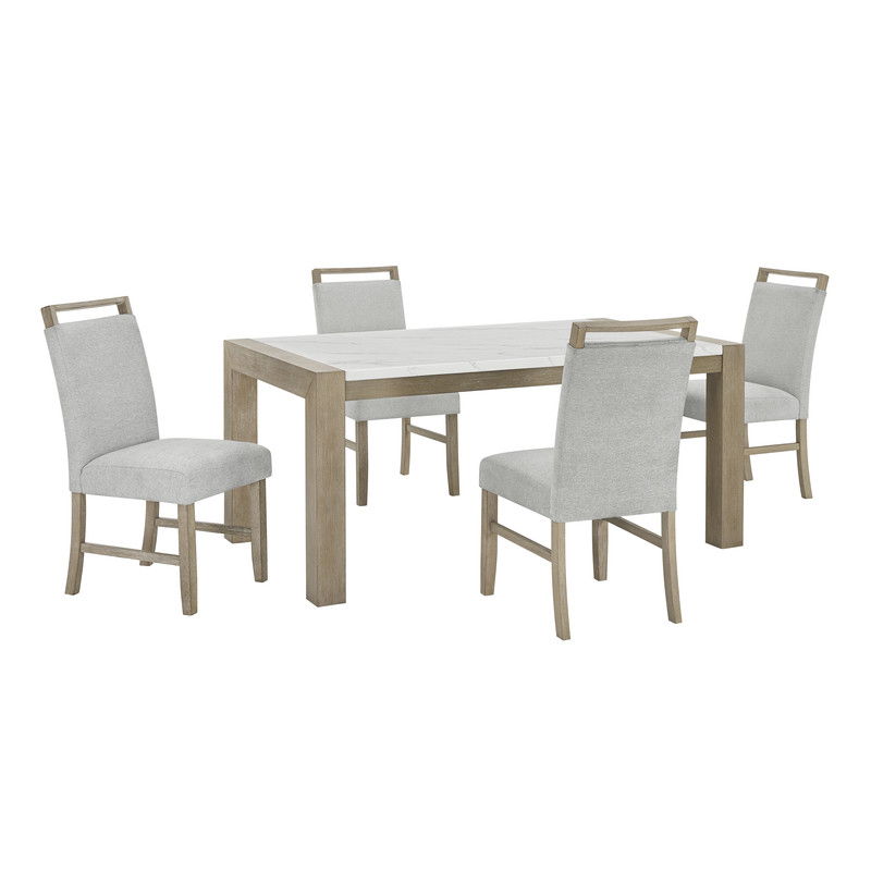 Tabitha 5Pc 66" Rectangular White Faux Marble Top Dining Set in Light Oak Finish