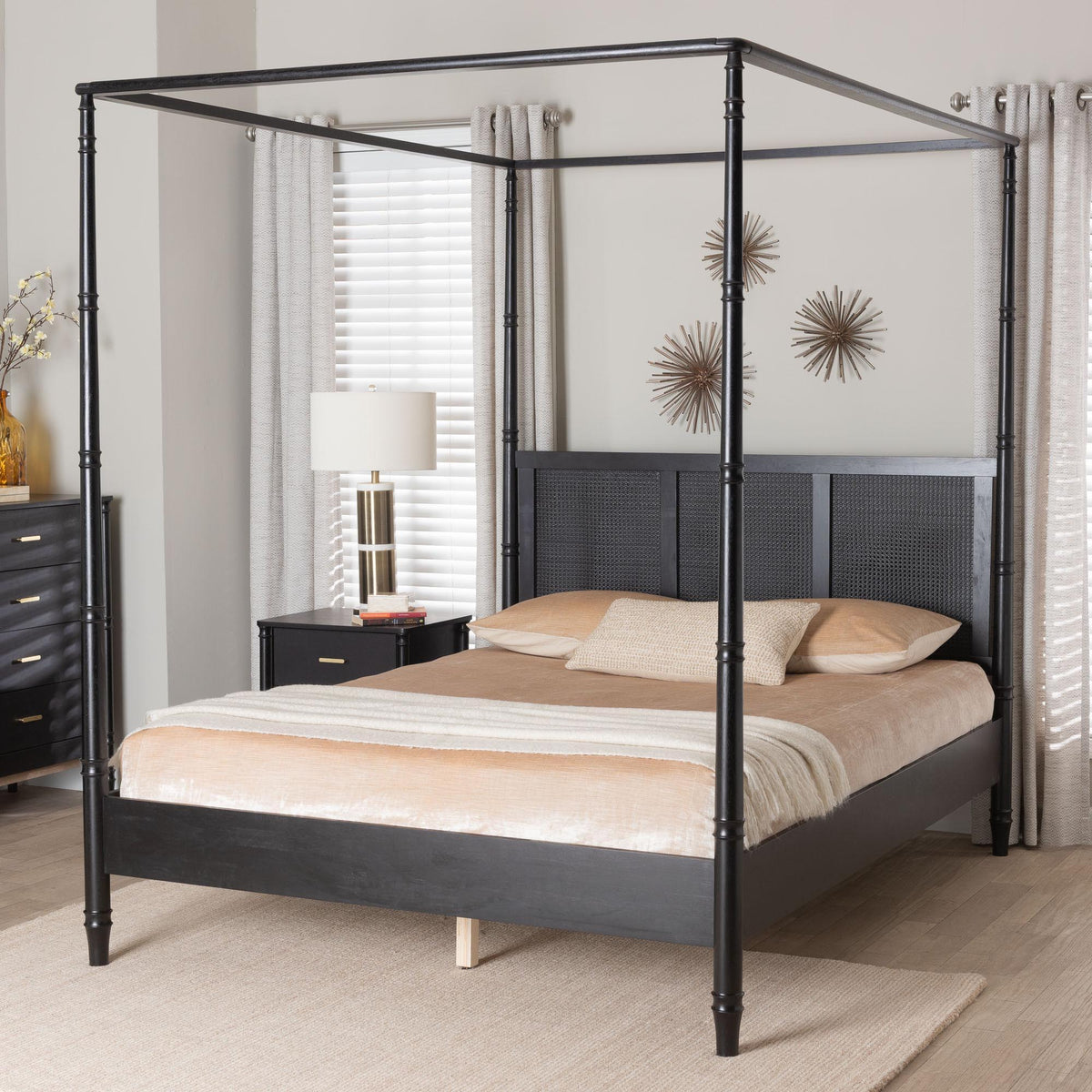 Marisela CaNopy Bed with Synthetic Rattan Headboard - Black Wood Bed Frame with Bamboo-Inspired Posts, Modern Transitional Bedroom Accent Furniture, Queen Size