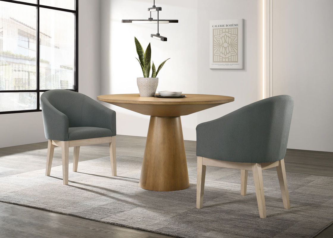 Jasper Driftwood Finish 3 Piece 47" Round Dining Table Set with Pedestal Base and Gray Barrel Chairs