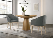 Jasper Driftwood Finish 3 Piece 47" Round Dining Table Set with Pedestal Base and Gray Barrel Chairs
