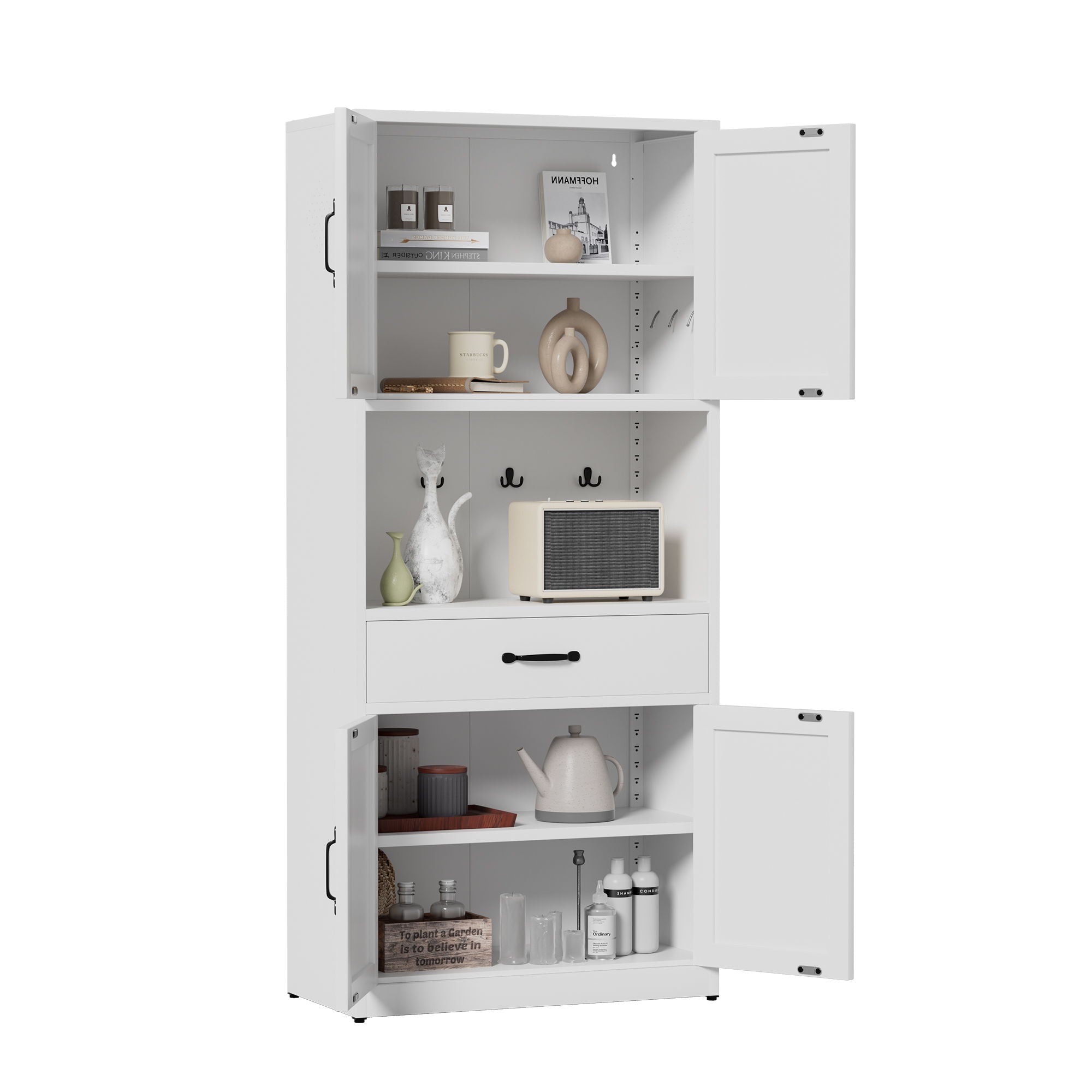 Kitchen Pantry Cabinet With Adjustable Shelves, Drawers, Hooks And Large Countertop - White