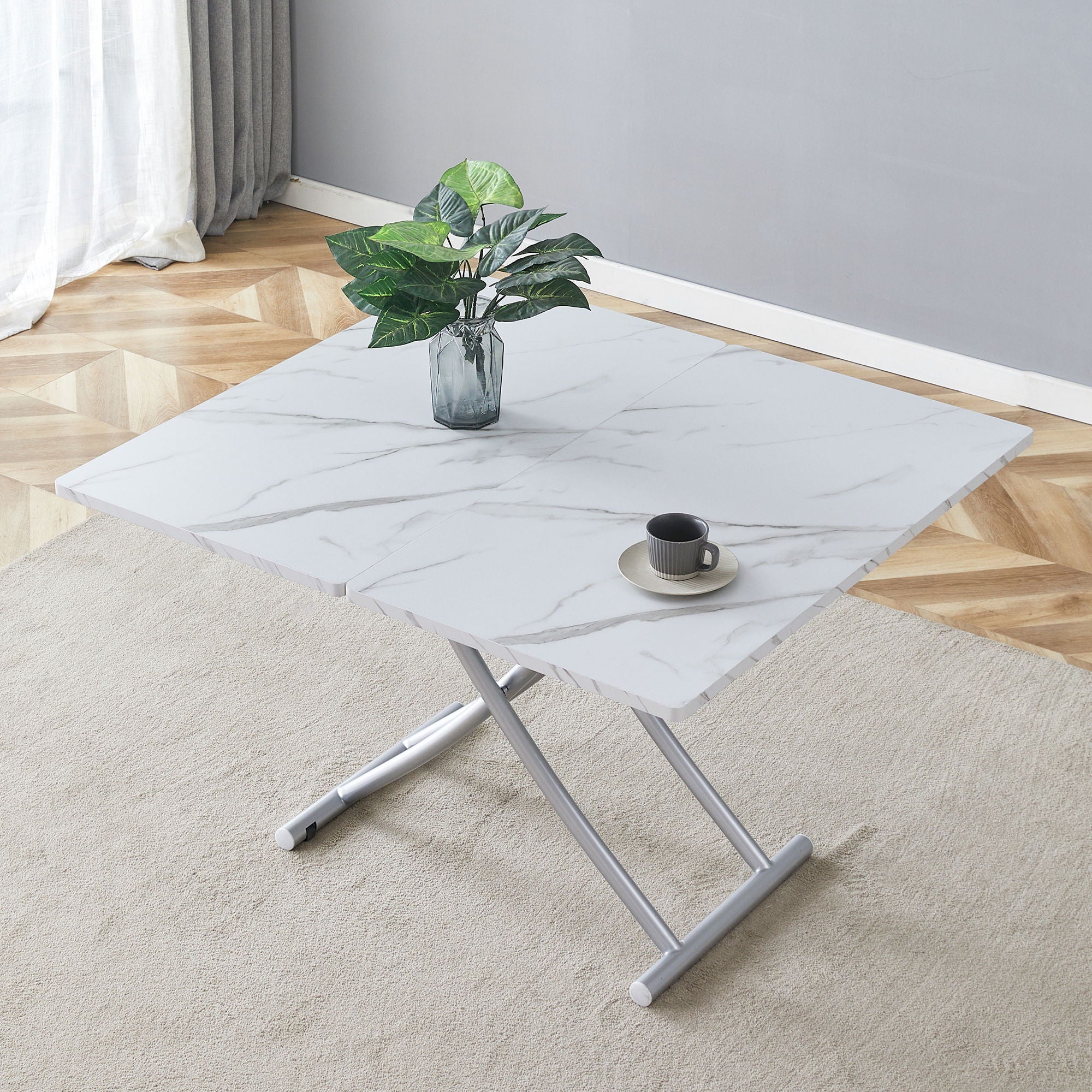 Modern Minimalist Multifunctional Lift Table With Metal Legs - White / Silver