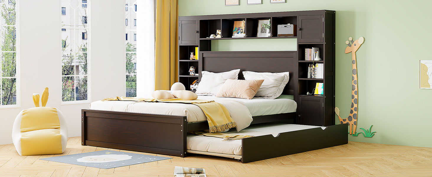 Bed With All In One Cabinet, Shelf And Sockets, Twin Long Trundle