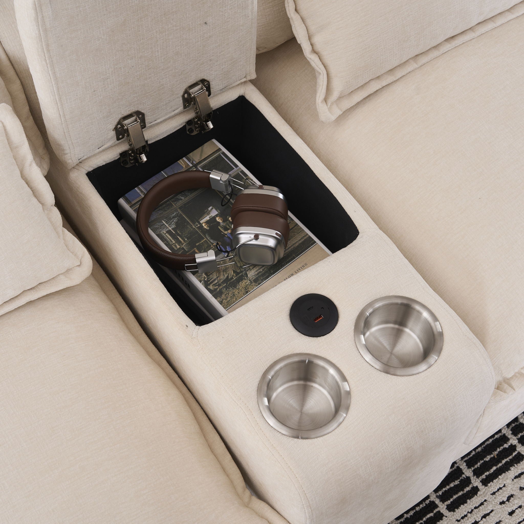 U Shaped Sofa With Console, Cupholders, USB Ports, 6 Seat, Bronzing Suede & Chenille