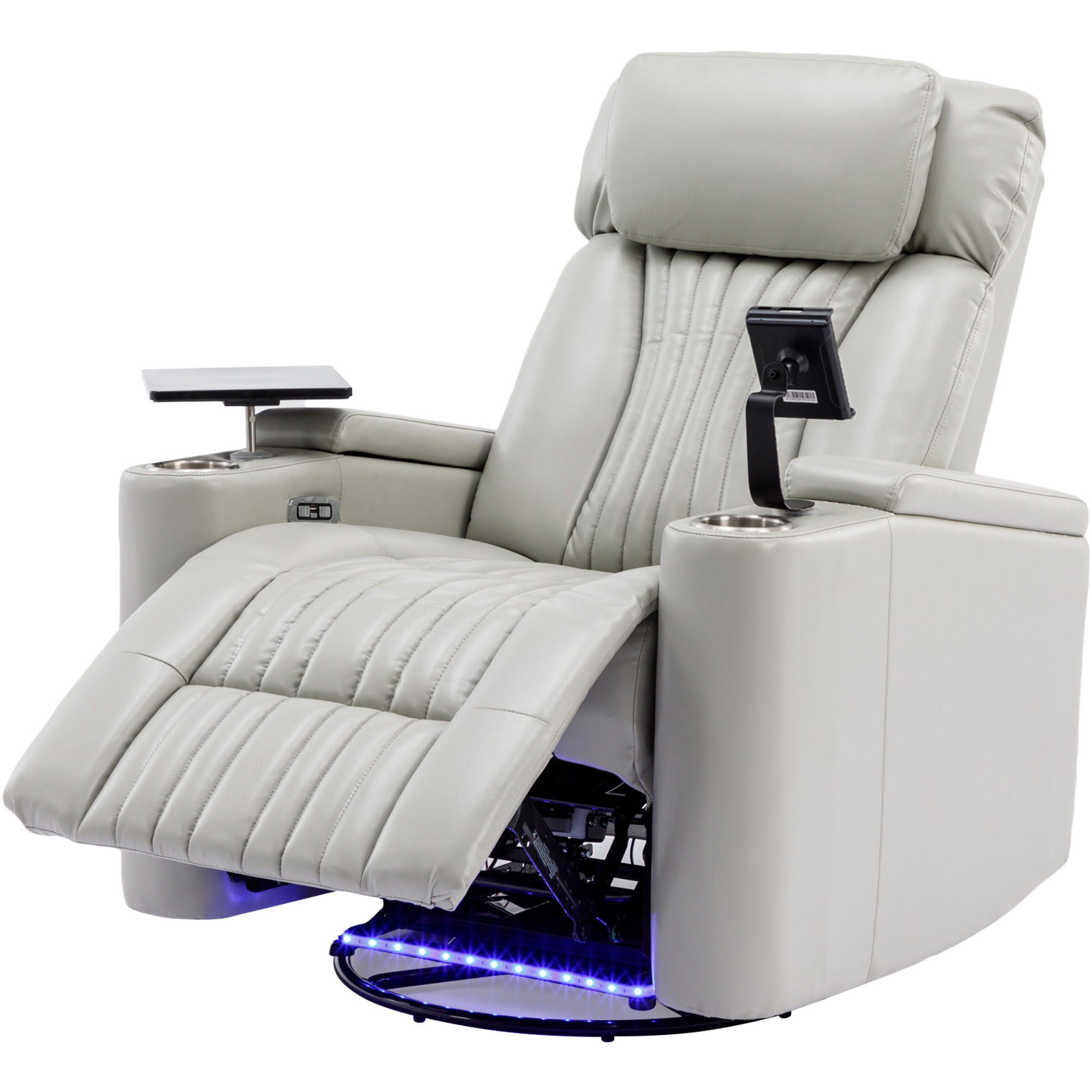 270° Power Swivel Recliner Home Theater Chair With Hidden Arm Storage, LED Light, Cup Holder, And Tray Table