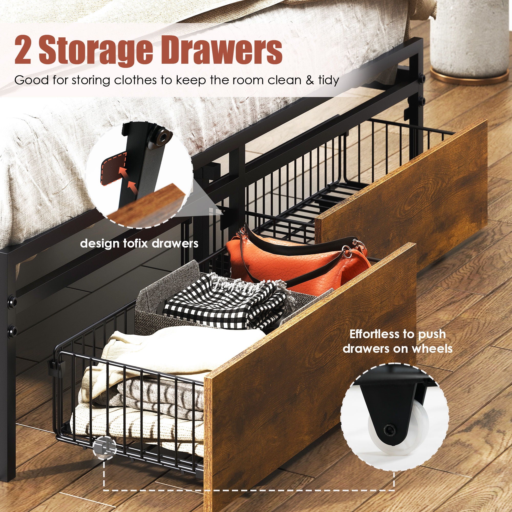 Upholstered Platform Bed Frame With Storage Drawers, USB Ports, LED Lights