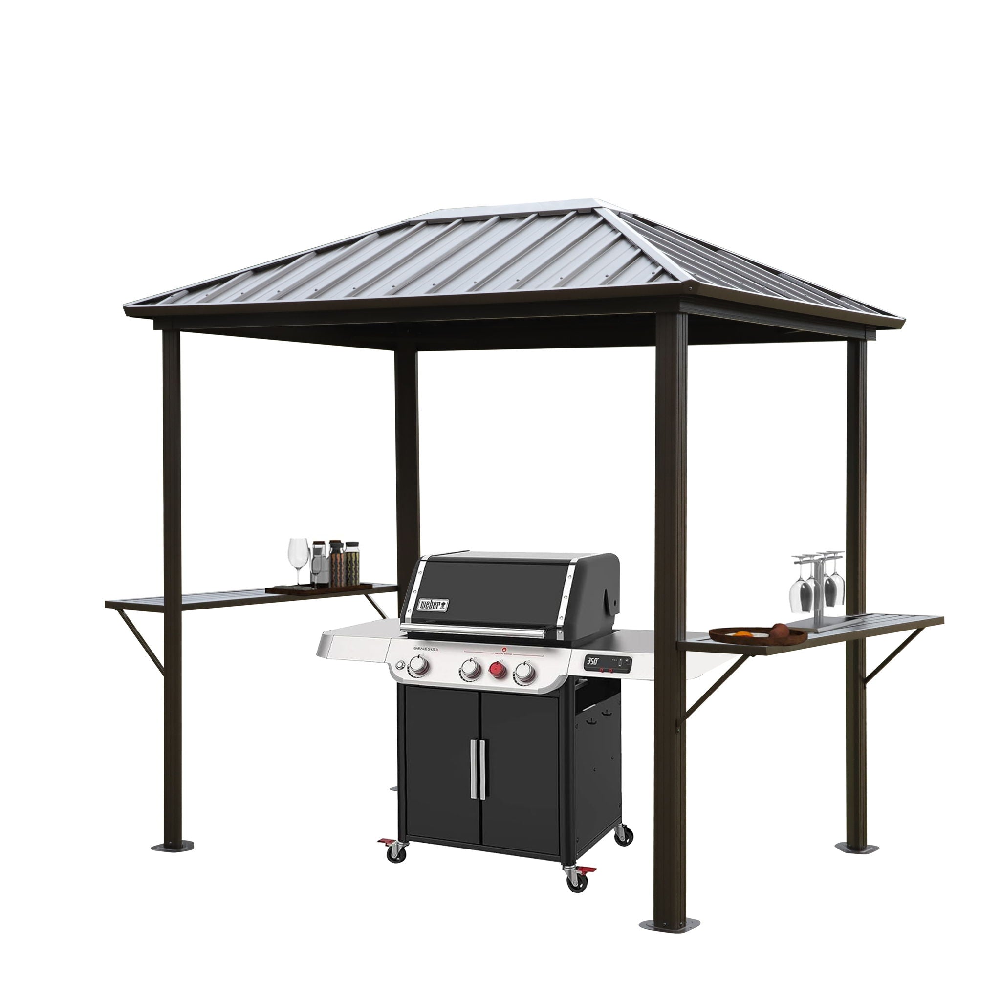 Grill Hardtop Gazebo Outdoor Metal Hard Top Gazebo, Permanent Bbq Gazebo With Galvanized Steel, Aluminum Framed Pavilion With Shelves - Dark Brown