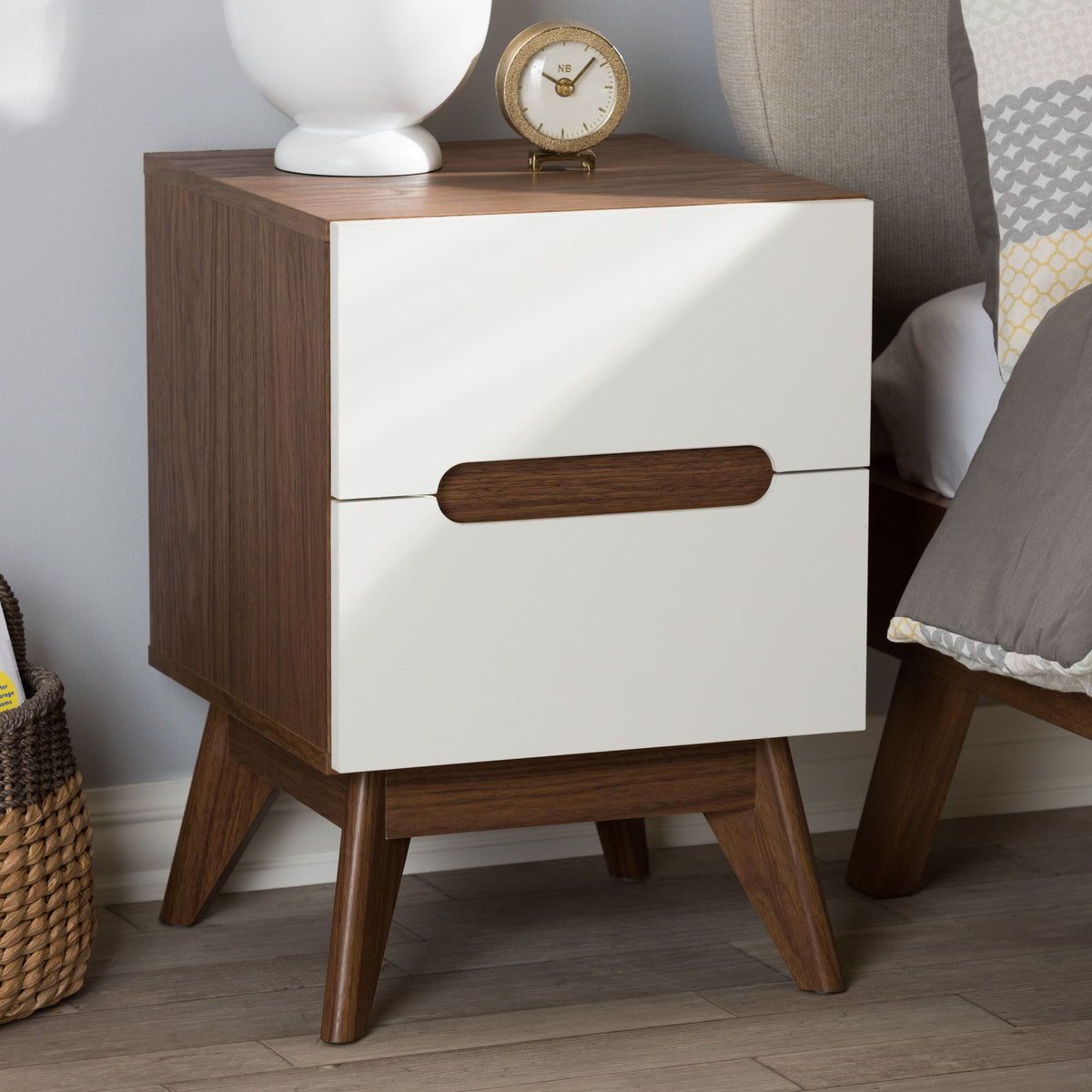 Calypso Mid-Century Modern White and Walnut Wood 3-Drawer Storage Nightstand